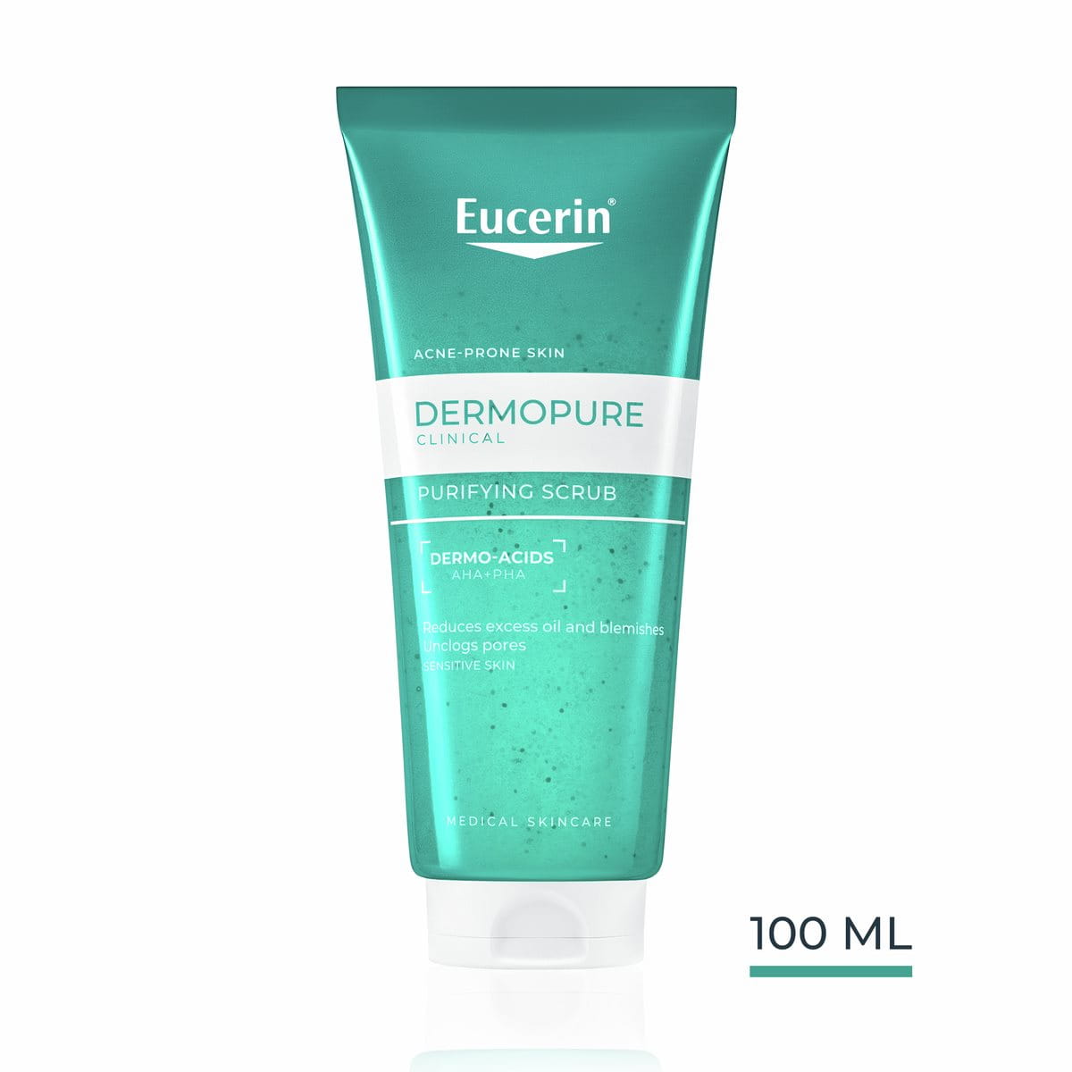 Eucerin DermoPure Clinical Purifying Scrub 100 ml for acne-prone skin, with Dermo-Acids to reduce excess oil, blemishes, and unclog pores.