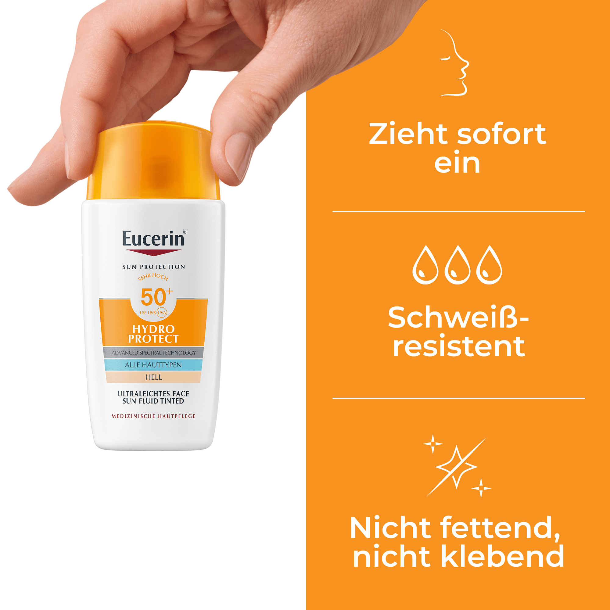 Frau trägt Eucerin Hydro Protect Ultraleichtes Sun Fluid Tinted LSF 50+ Hell auf, das die 3-fache Wirkung in hellen und mittleren Farbtönen für alle Hauttypen hervorhebt.