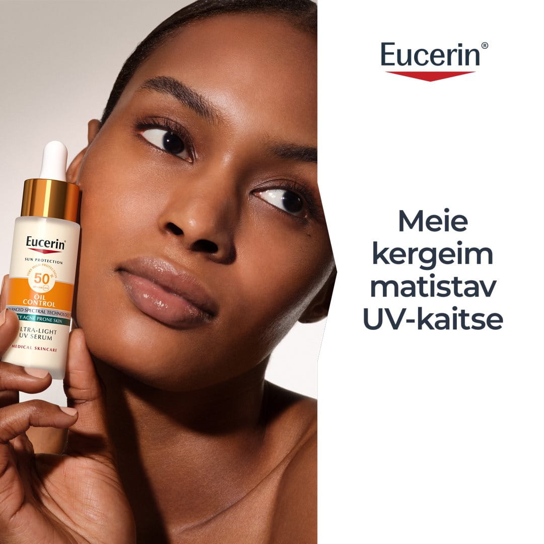 naine, kes hoiab käes Eucerin Sun Oil Control igapäevast UV-seerumit SPF 50+, meie kõige kergemat matistavat UV-kaitset pakkuvat seerumit