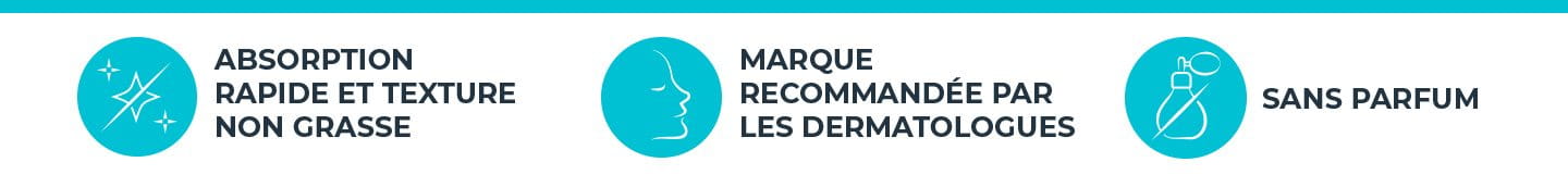 Icône 1 – Des gouttelettes d’eau créent des ondulations Icône 2 – Silhouette de médecin portant un stéthoscope, Icôte 3 – Ligne oblique traversant une bouteille de parfum, pour indiquer l’interdiction