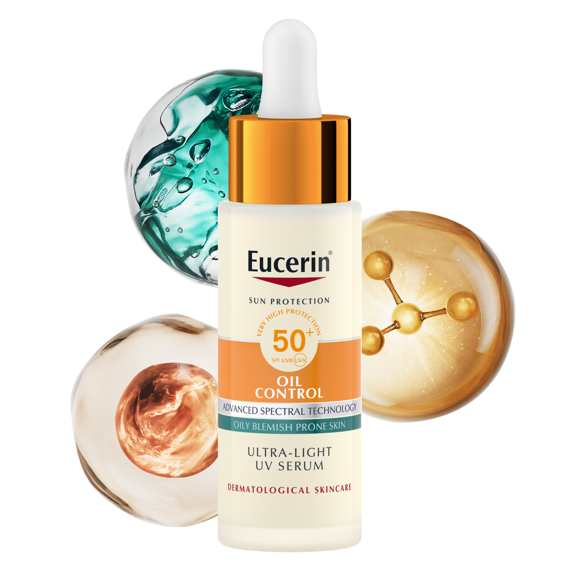 Vetenskaplig genomgång av Eucerin Sun Daily UV Serum SPF50+ som visar AOX Shield Technology för skydd mot UV-strålning och blått ljus, kontroll av talg för minskad glans samt vitaminer som skyddar mot föroreningar (vitamin C, E och provitamin B5).