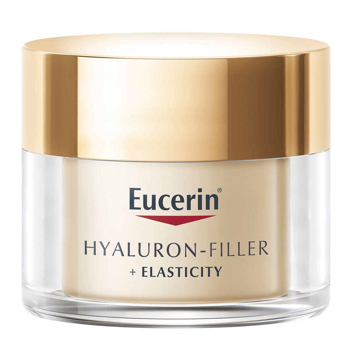 Een pot Eucerin Hyaluron-Filler + Elasticity dagcrème met hyaluronzuur die de rijpere huid verstevigt en diepe rimpels vermindert.