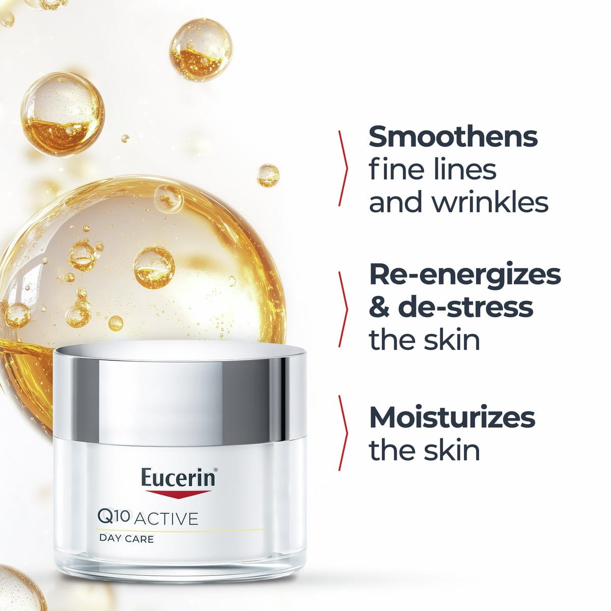 Q10 Active Day Care — Close-up of the product and a list of main benefits