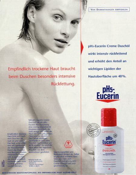 Anuncio impreso en 1995 para Eucerin pH5 Oleogel de Ducha