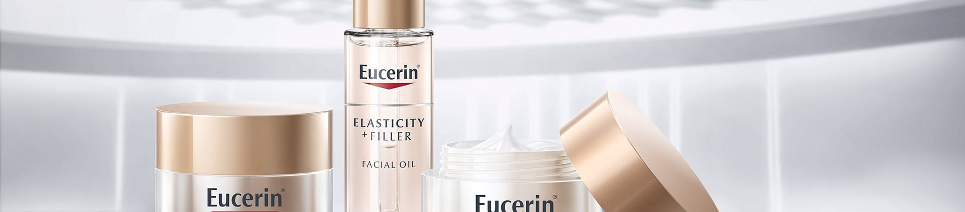 Eucerin Hyaluron-Filler + Elasticity skincare products on display.