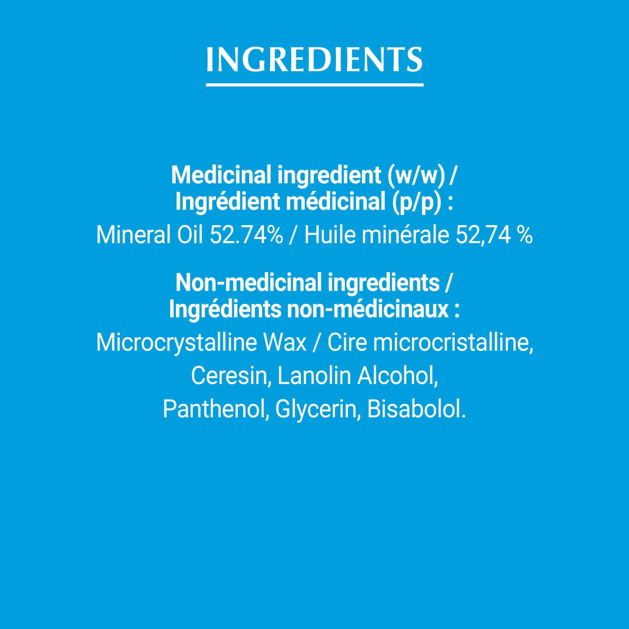 View of Eucerin Aquaphor healing ointment product ingredients text over a blue background.