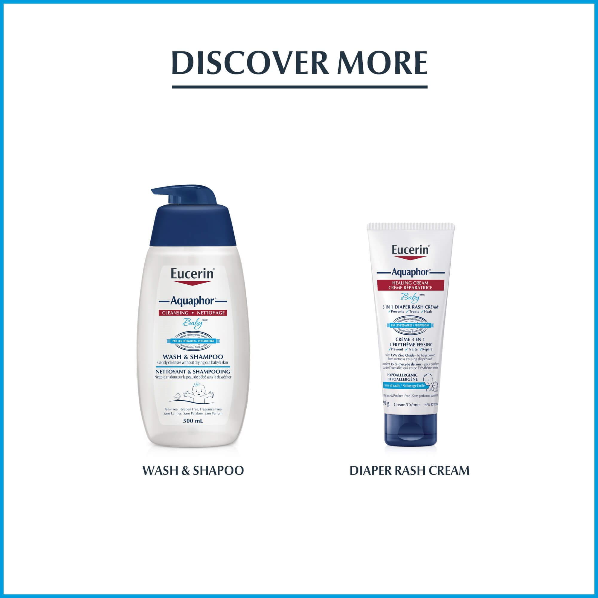 View of Eucerin Aquaphor Baby Wash and Shampoo size 500 mL product and Eucerin Aquaphor healing cream size 99g against a white background.