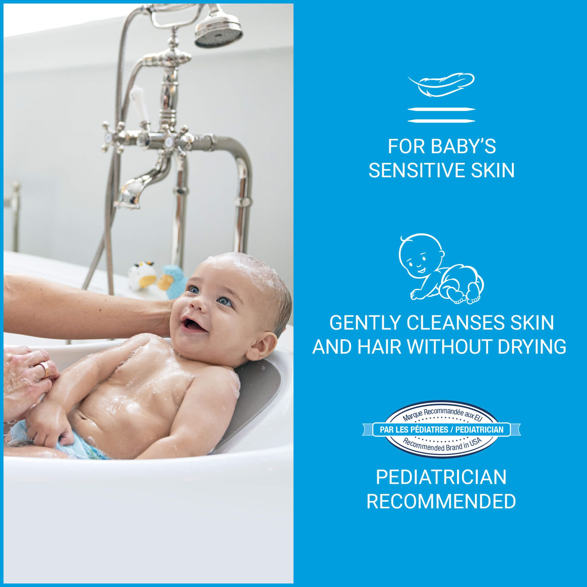 View of a baby inside a bath tub with Eucerin Aquaphor baby wash and shampoo product benefits text on the right against a blue background.