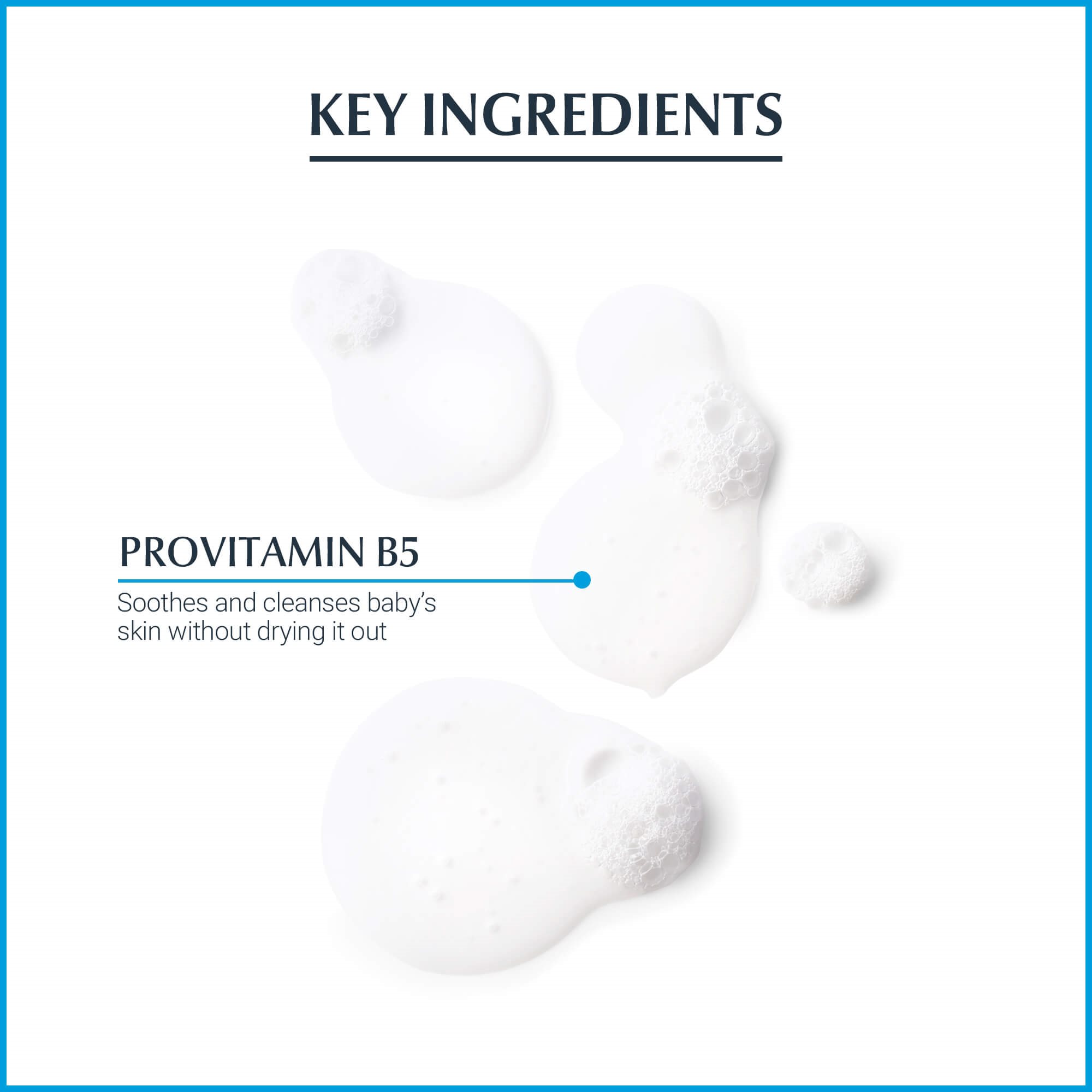 View of Eucerin Aquaphor baby wash and shampoo product key ingredients text with product splashed against a white background.