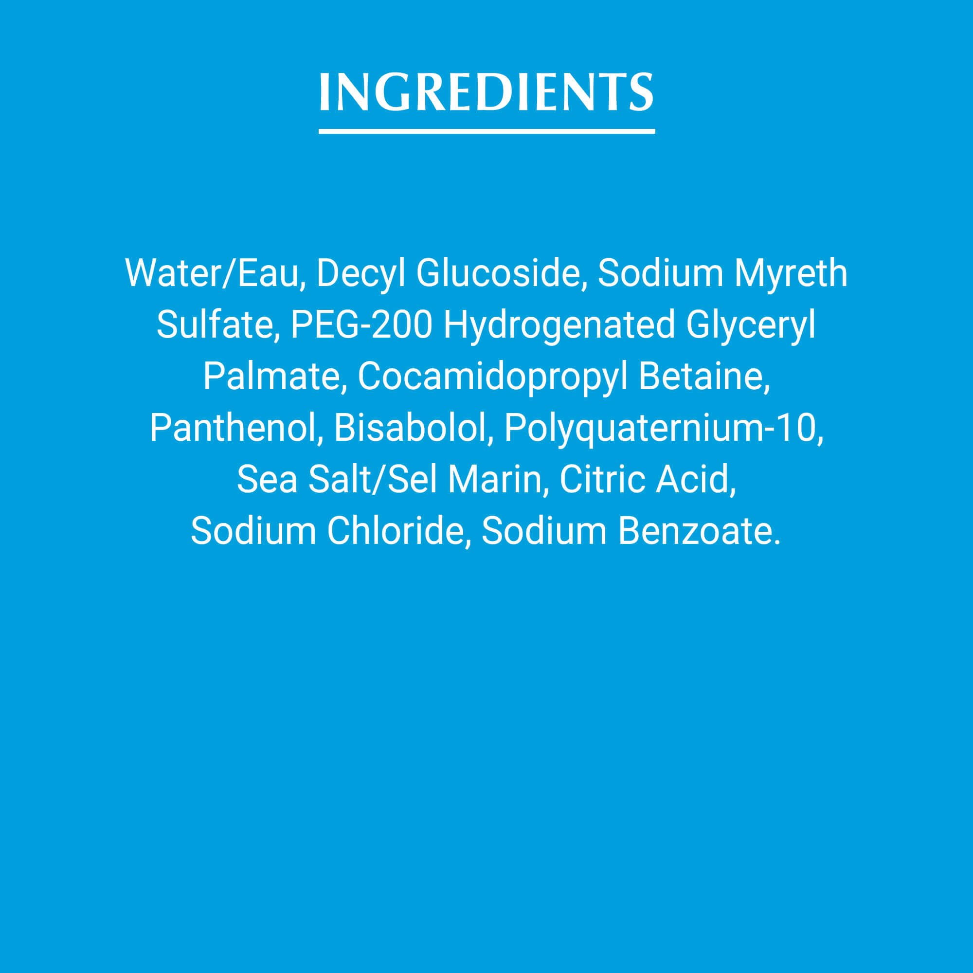 View of Eucerin Aquaphor baby wash and shampoo product ingredients list text in white font against a blue background.