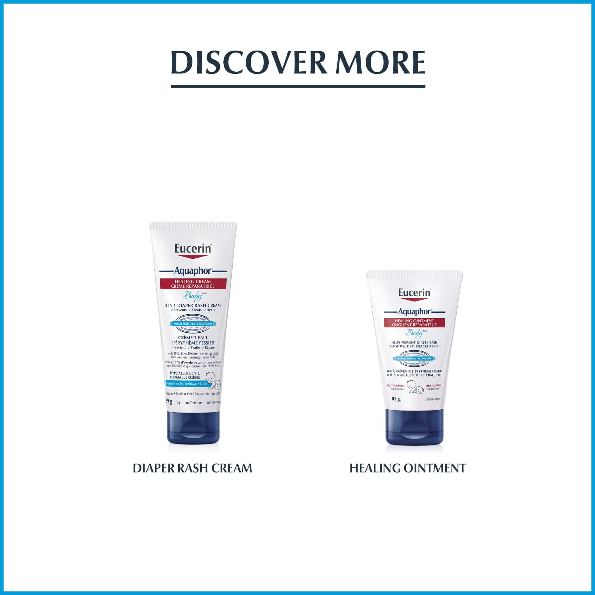 View of Eucerin Aquaphor healing cream size 99g and Eucerin Aquaphor healing ointment size 85g against a white background.