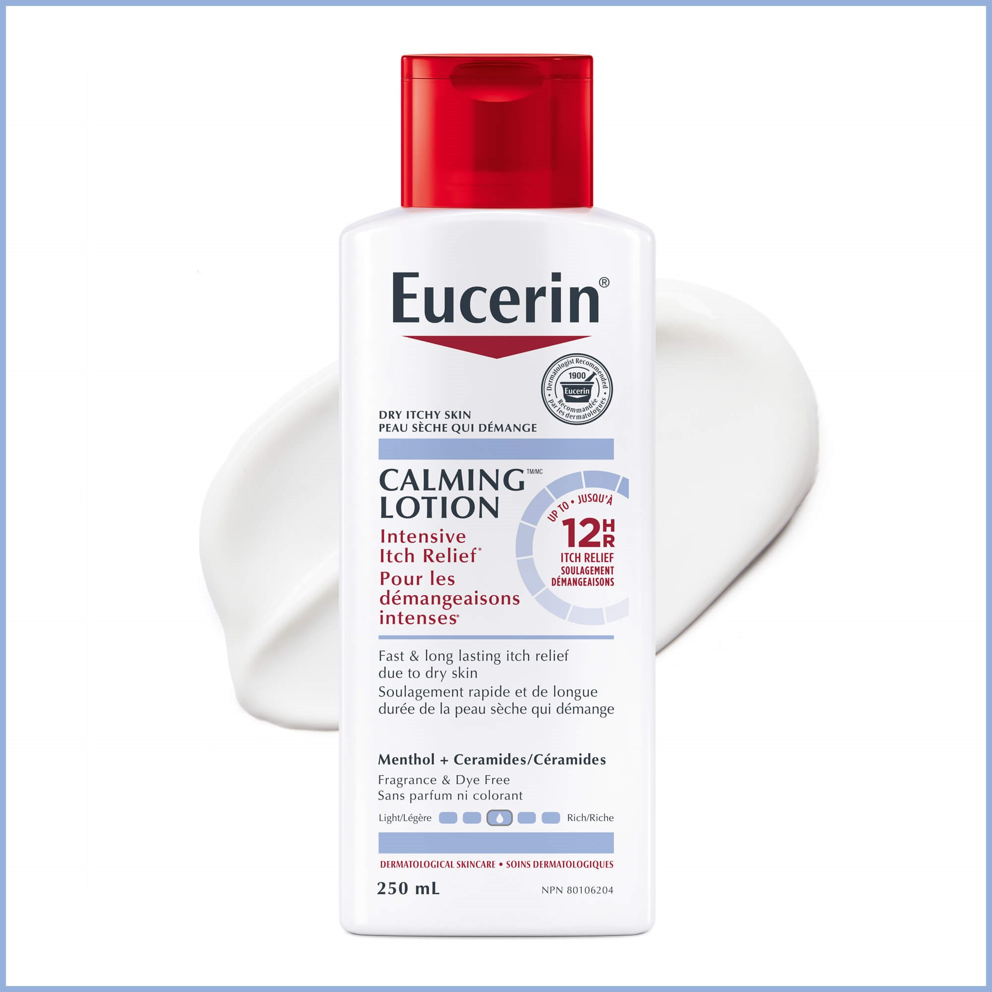 View of Eucerin Calming Lotion product size 250 mL with product smudged against a white background.
