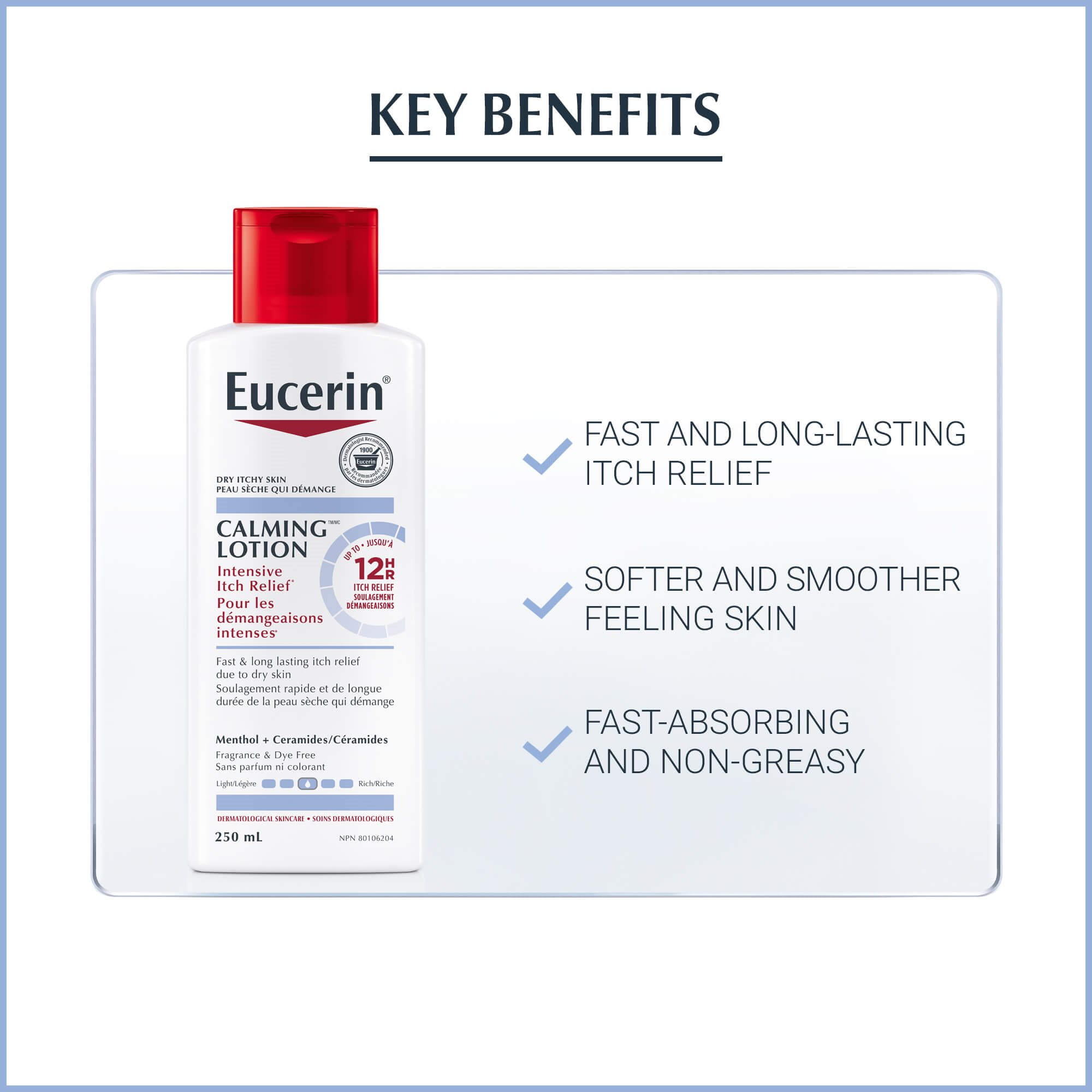 View of Eucerin Calming Lotion product size 250 mL with key benefits text against a white background.