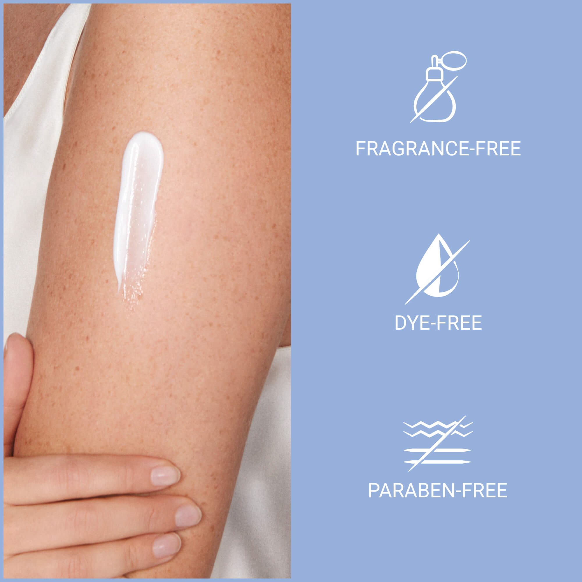View of model with Eucerin Calming Lotion product smeared on left arm with product description text against a blue background.