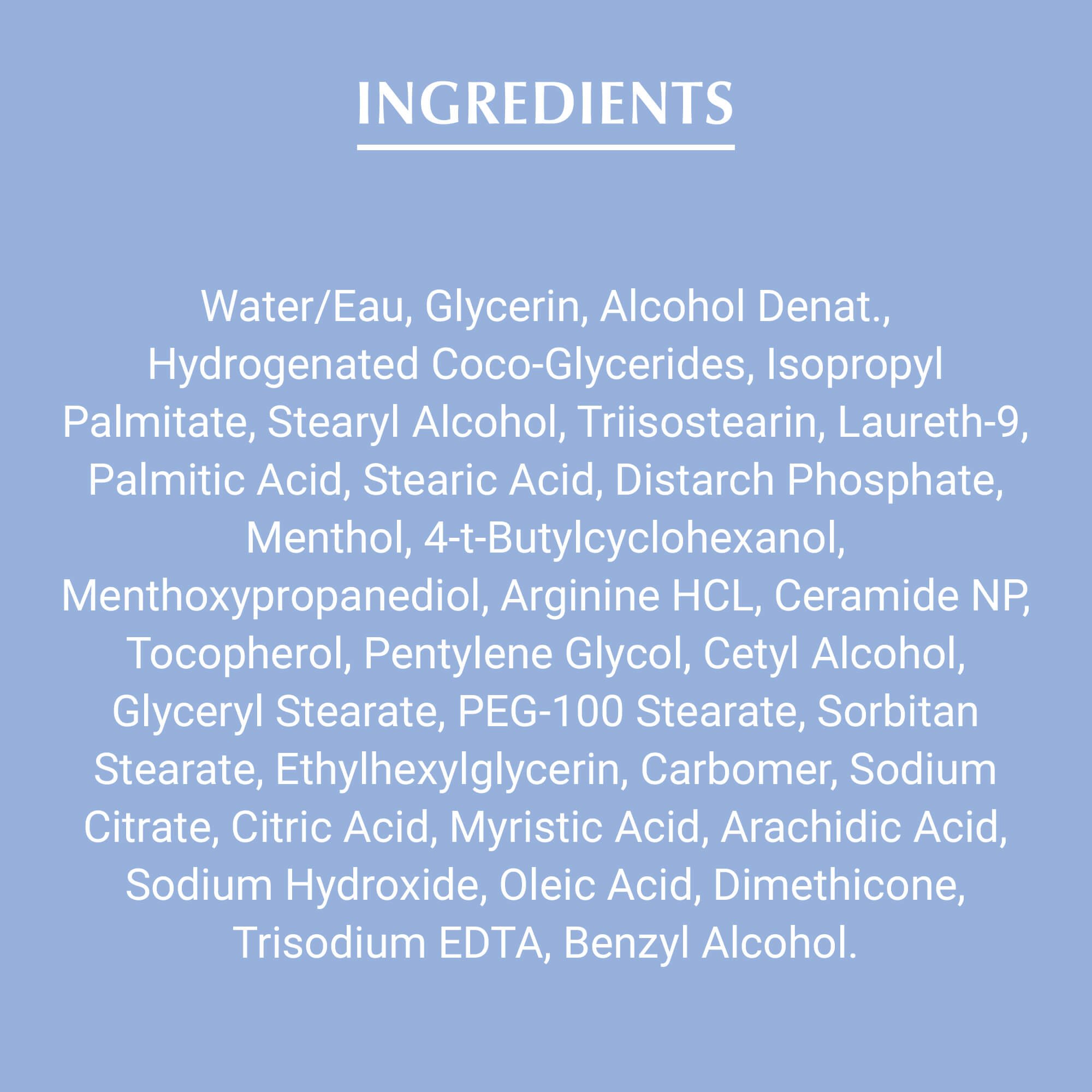 Eucerin Calming Lotion product ingredients list text in white font against a blue background.