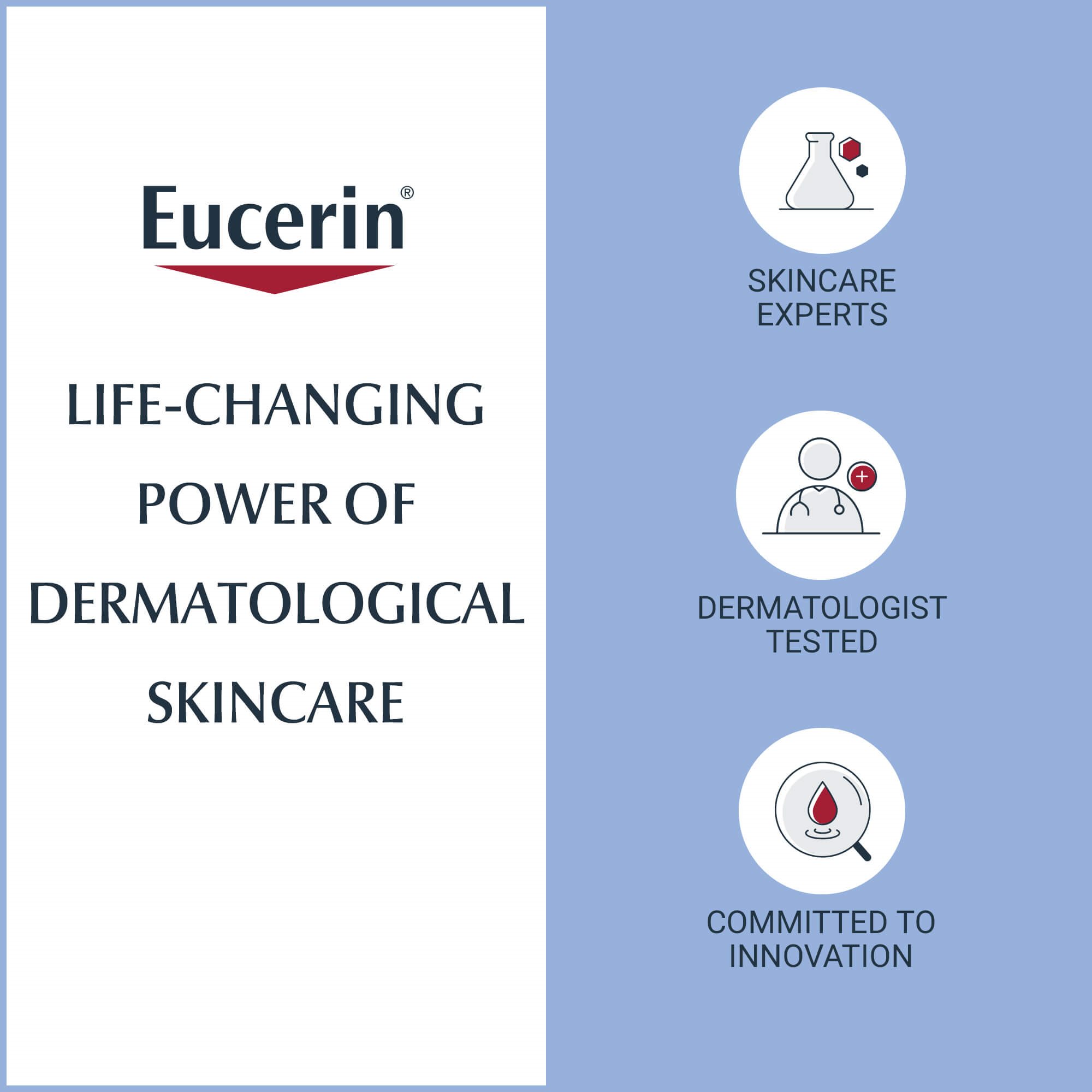 View of Eucerin Calming Lotion dermatological statistics text against a white and blue background.