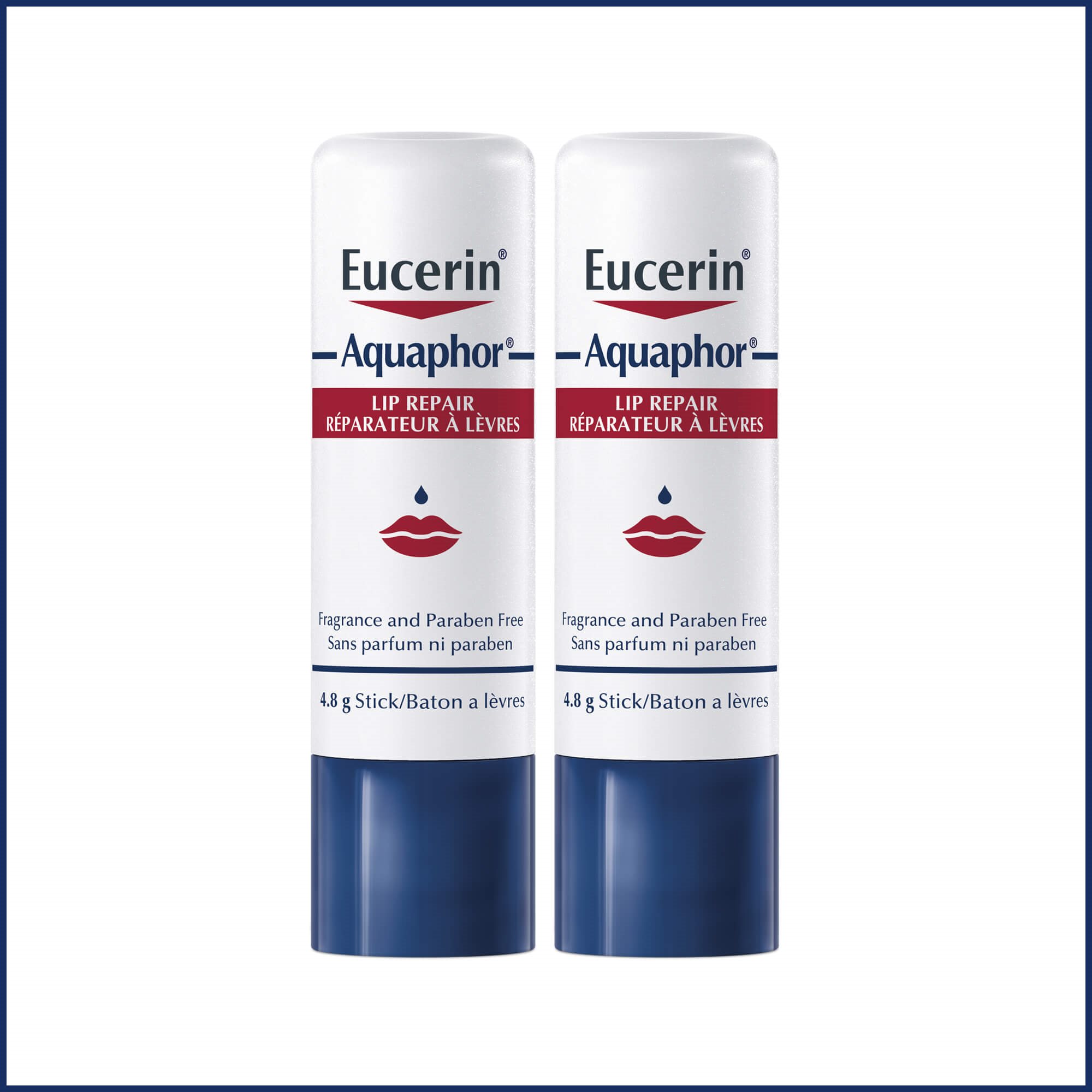 Close up image of two Aquaphor lip repair products on white background.