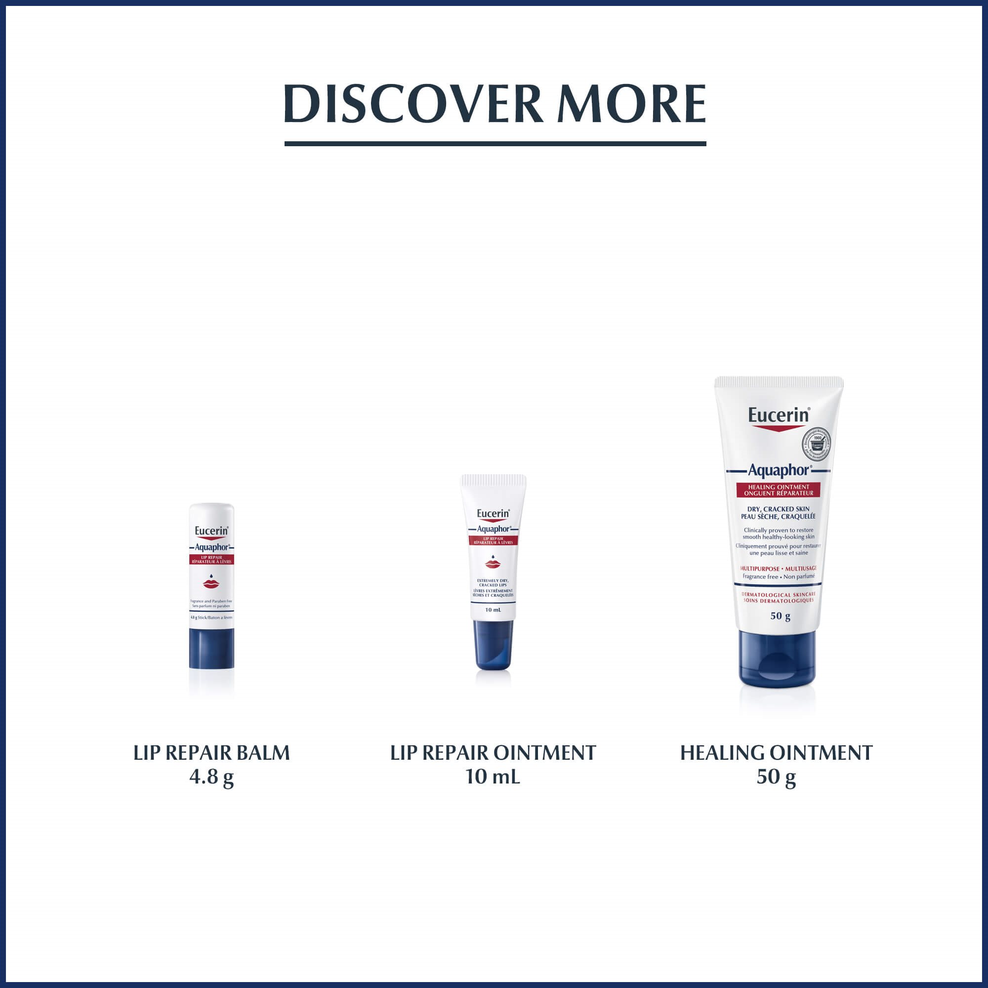 Image of three Aquaphor healing ointment and two Aquaphor lip repair products on white background.