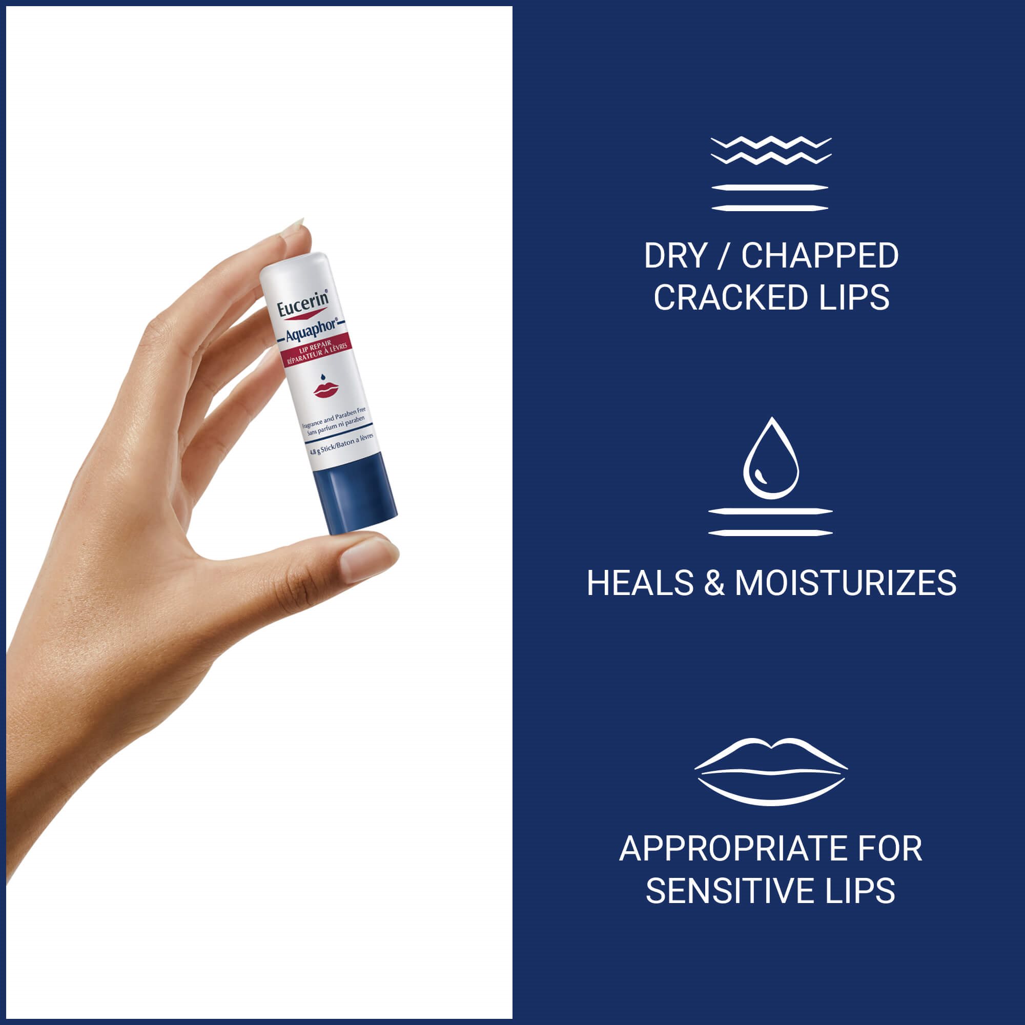 View of Aquaphor lip repair product being held in hand with benefits.