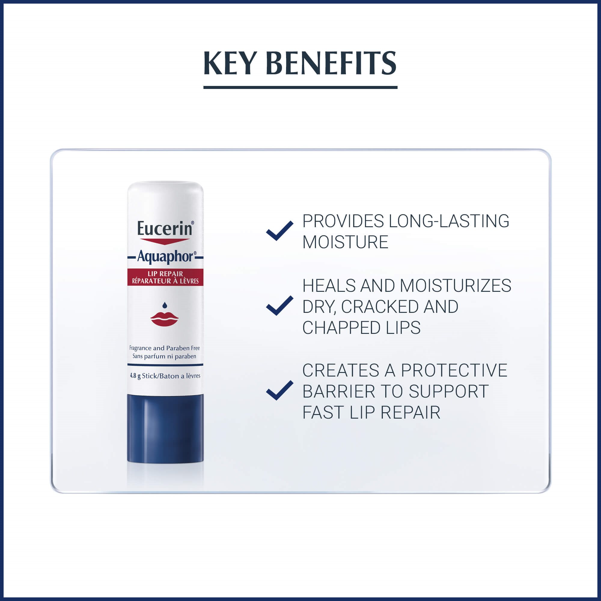 View of Aquaphor lip repair stick product on white background with key benefits listed.