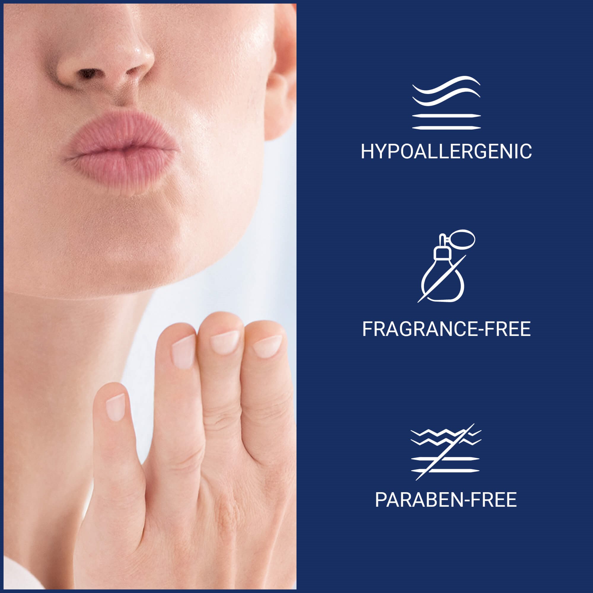 View of model puckering lips with Aquaphor lip repair product benefits.