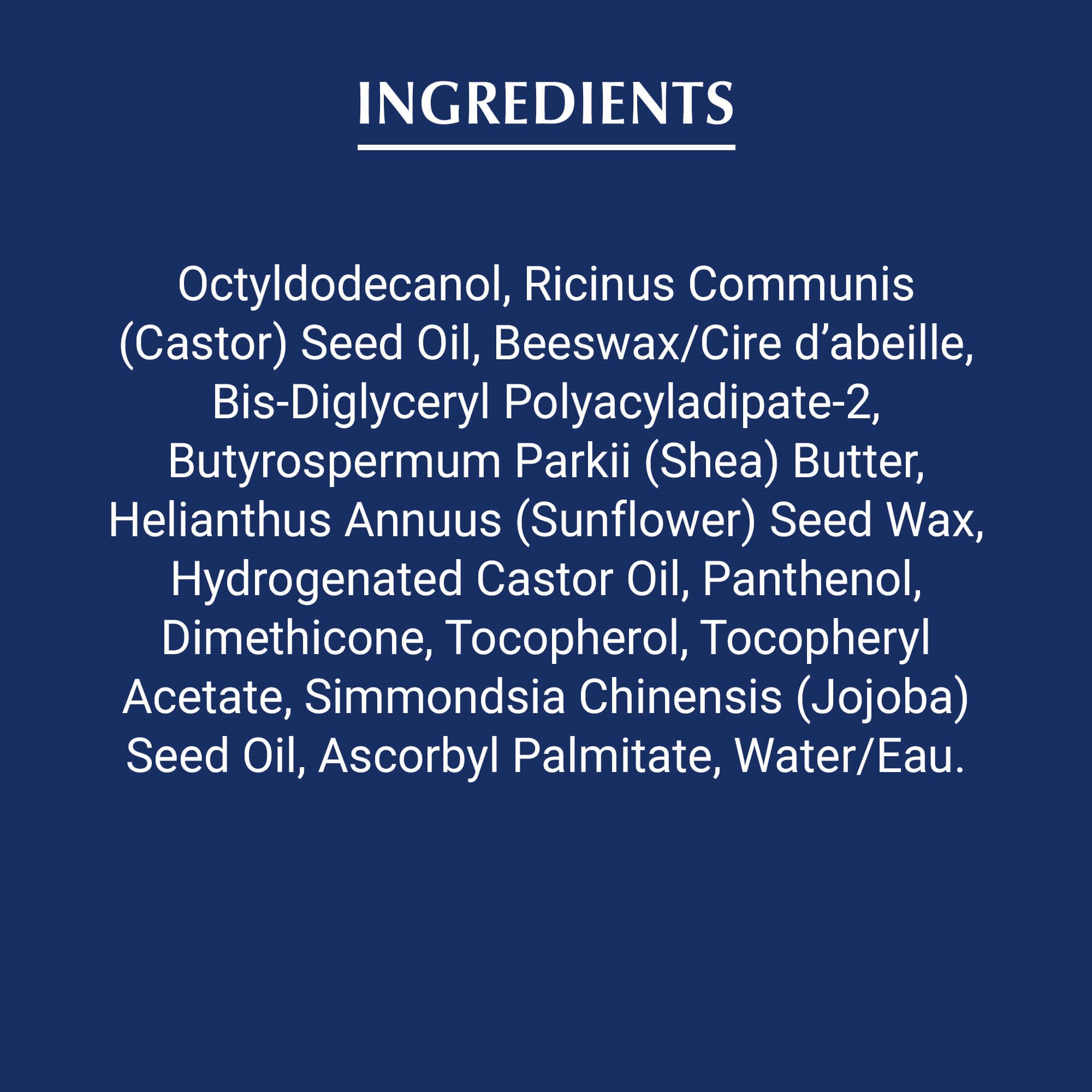 View of Aquaphor lip repair stick product ingredients list on blue background.