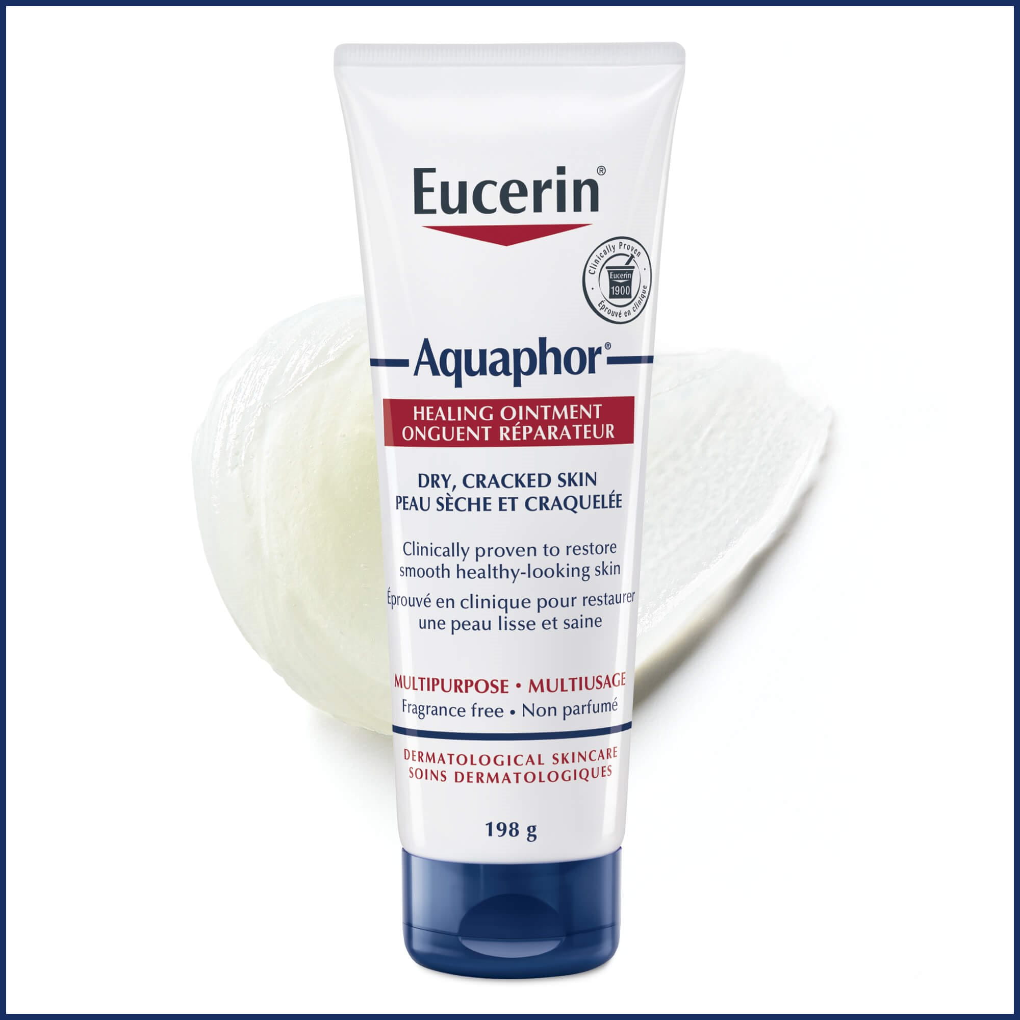 198g tube of Eucerin Aquaphor overlaid upon an image of the ointment texture