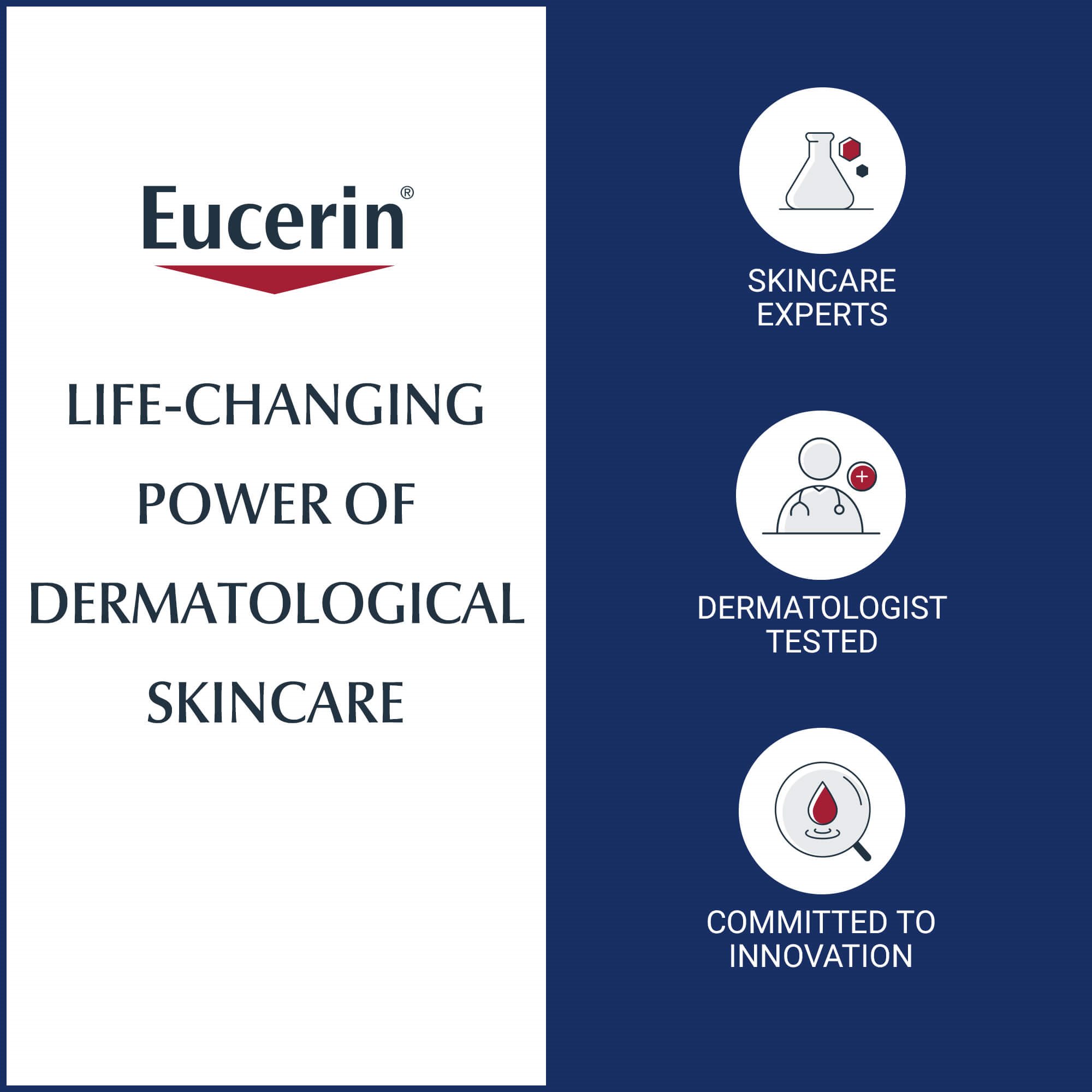 An image describing the advantages of using Eucerin skin care, such as dermatologist tested