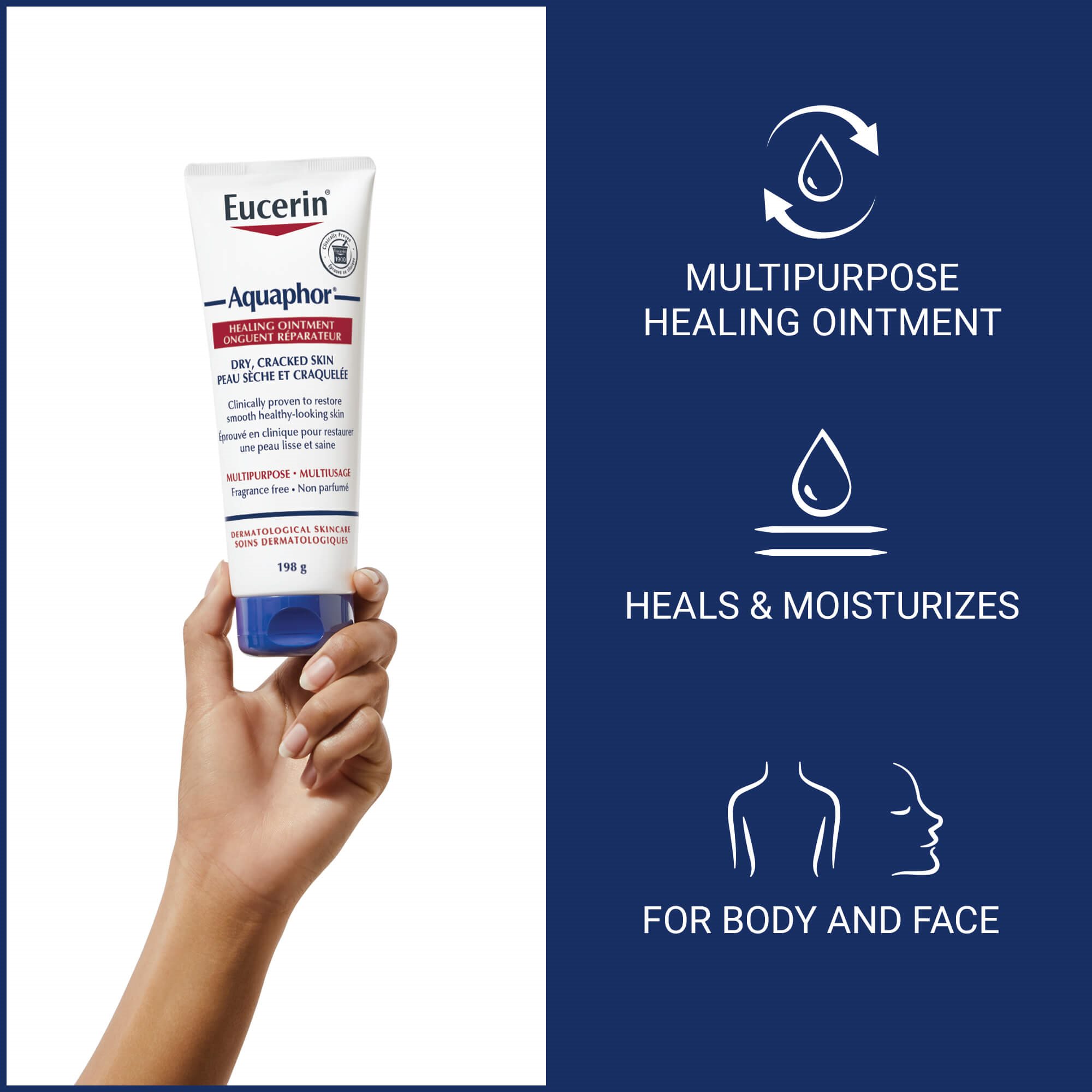 Close up of an Eucerin Aquaphor 198g tube being held up by a hand with product benefits and uses listed on the side