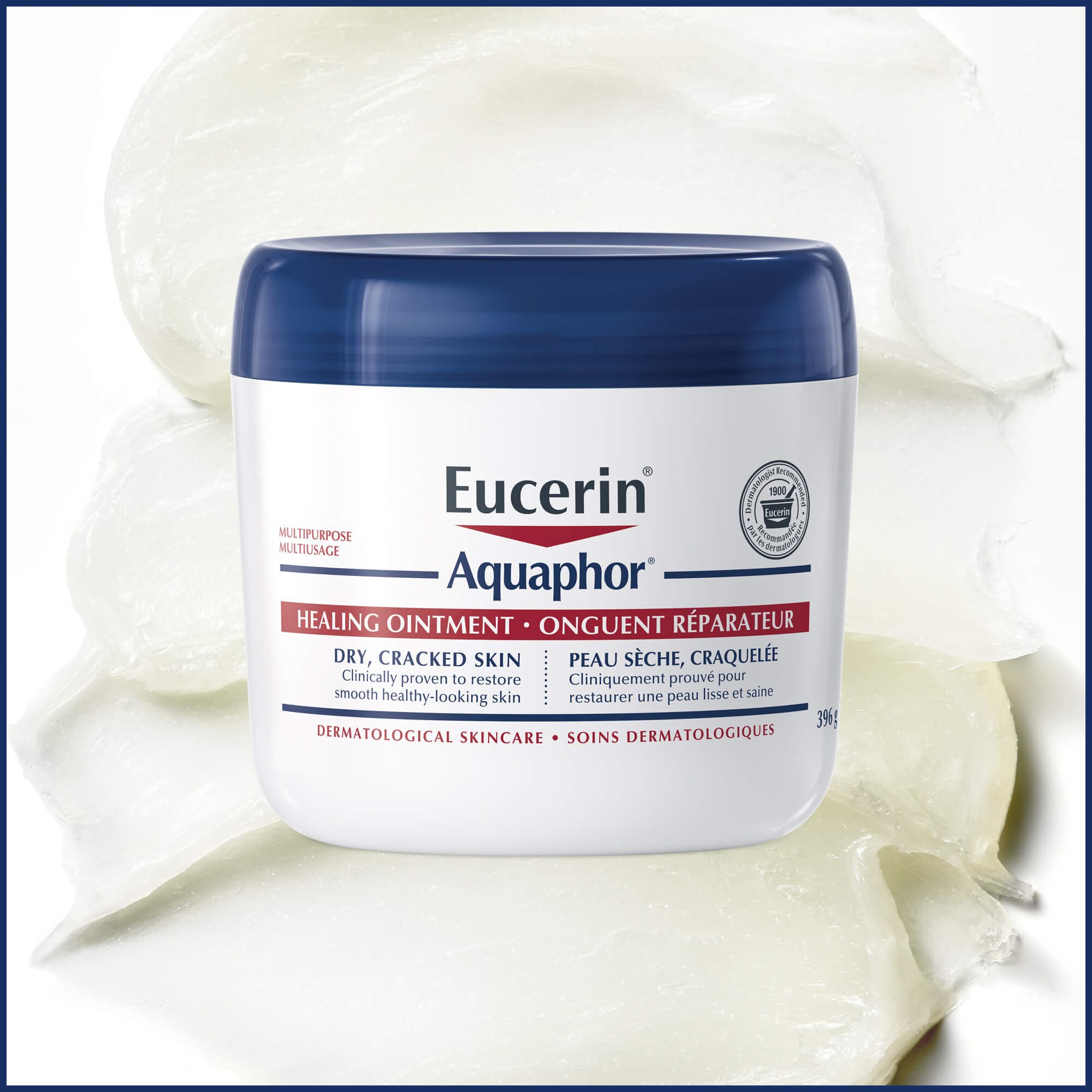 396g tub of Eucerin Aquaphor overlaid upon an image of the ointment texture