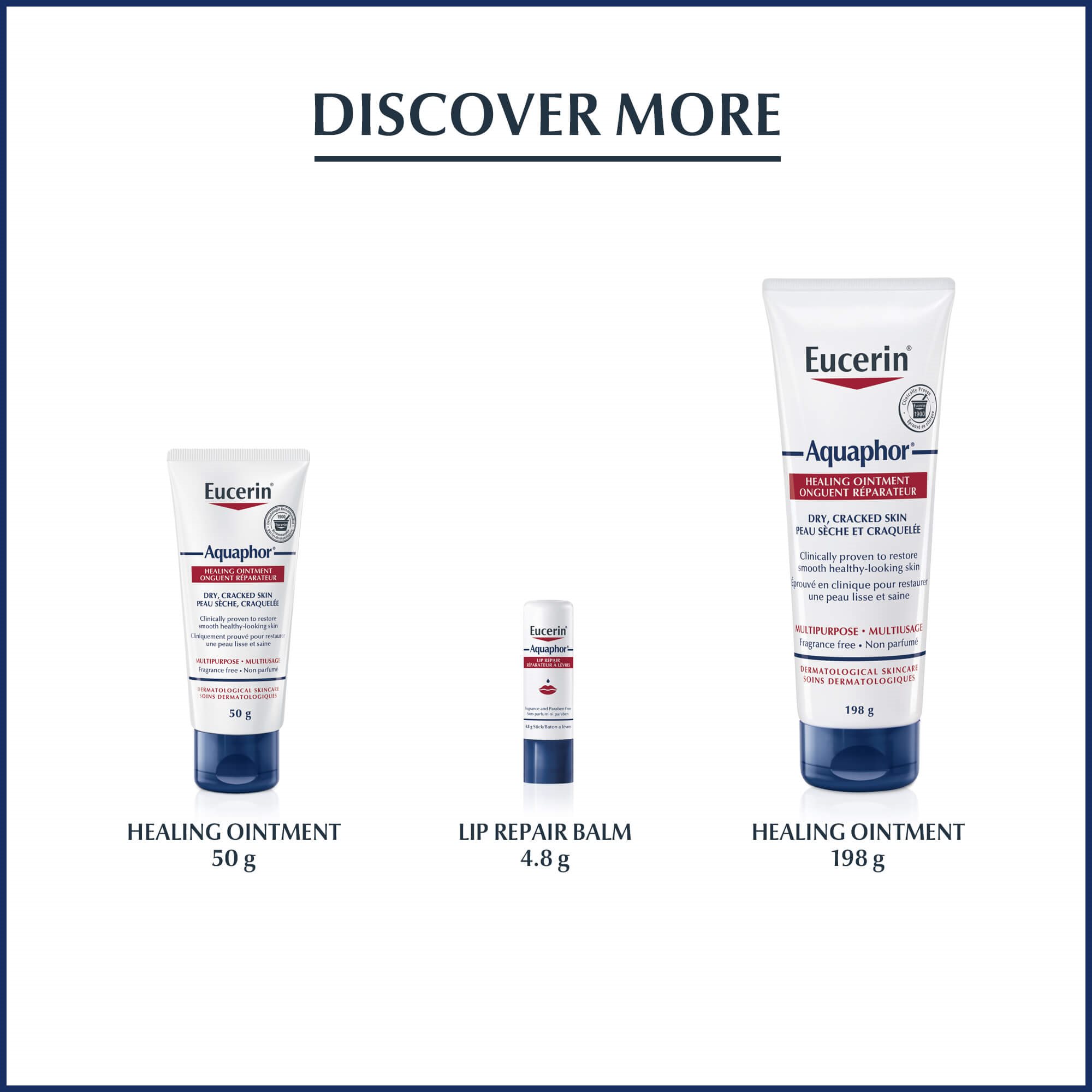 Eucerin Aquaphor product range, including 4.8g lip repair balm, 198g healing ointment tube, and 396g healing ointment tub