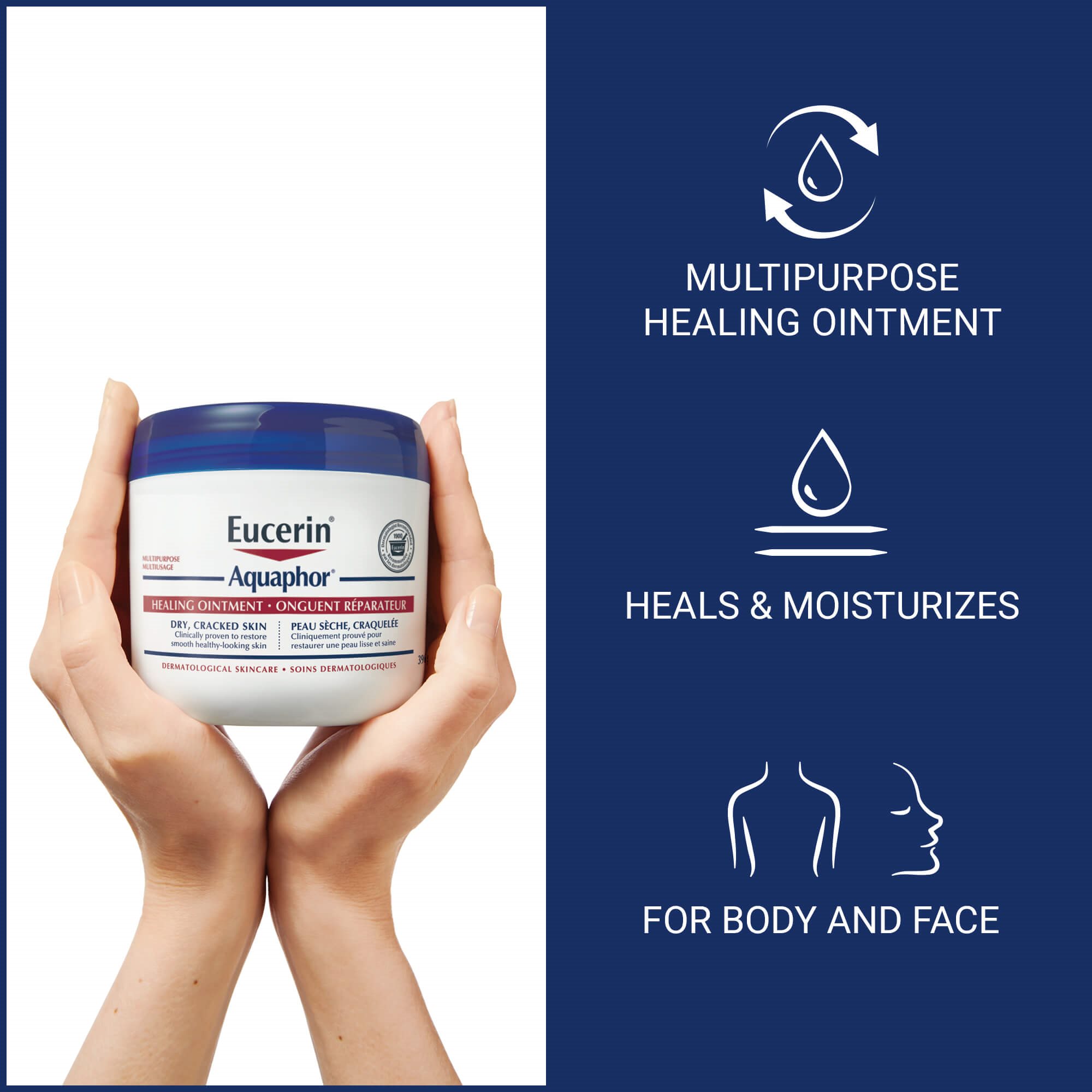 Closeup of hands holding a 396g tub of Eucerin Aquaphor, with product features, benefits, and uses listed on the side