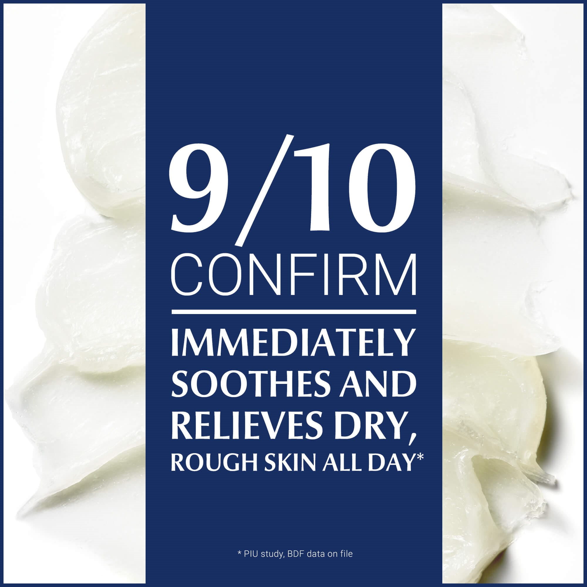 Image that reads “9/10 confirm (that Eucerin) immediately soothes and relieves dry, rough skin all day”