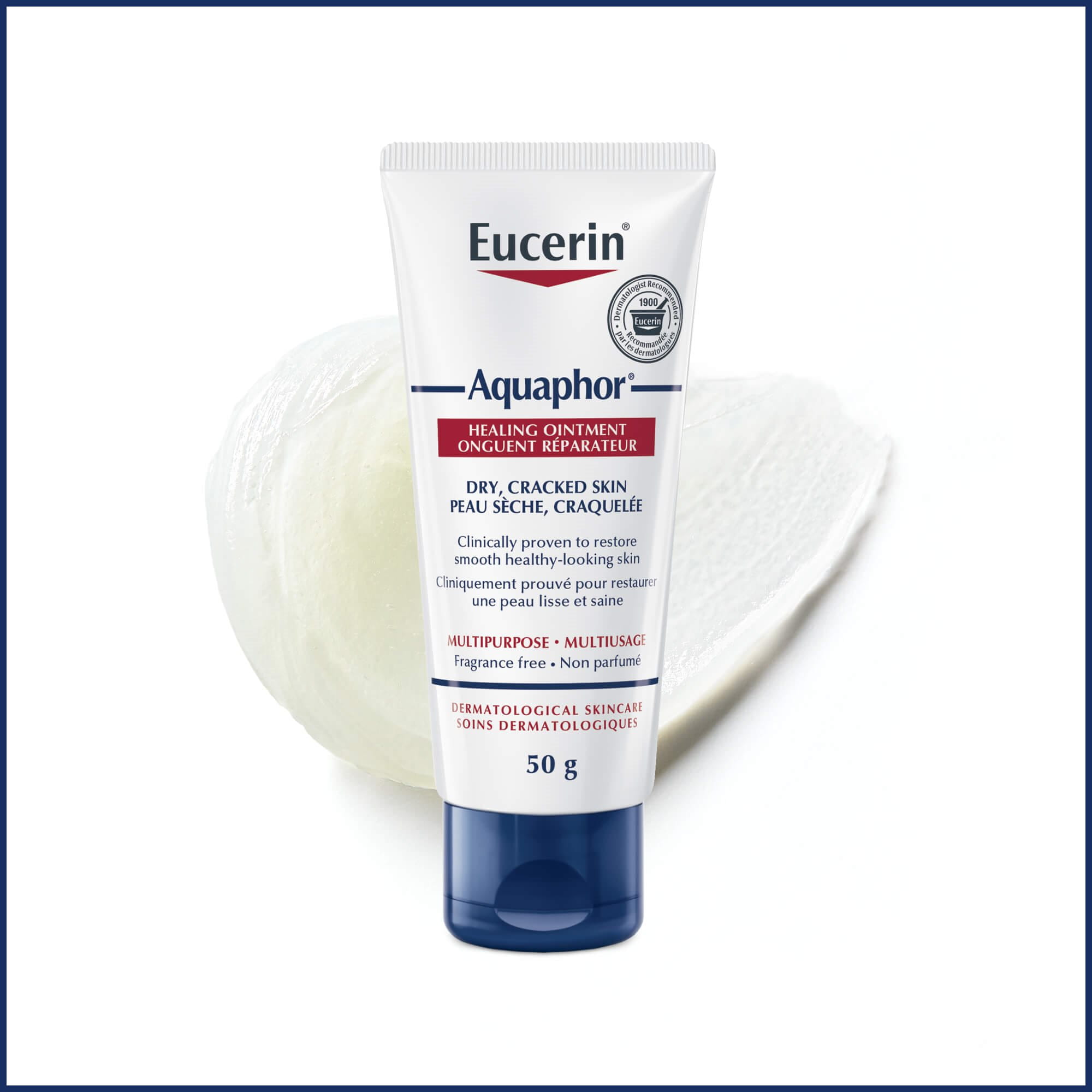 Close up of a 50g Eucerin Aquaphor healing ointment tube against a white background with product texture