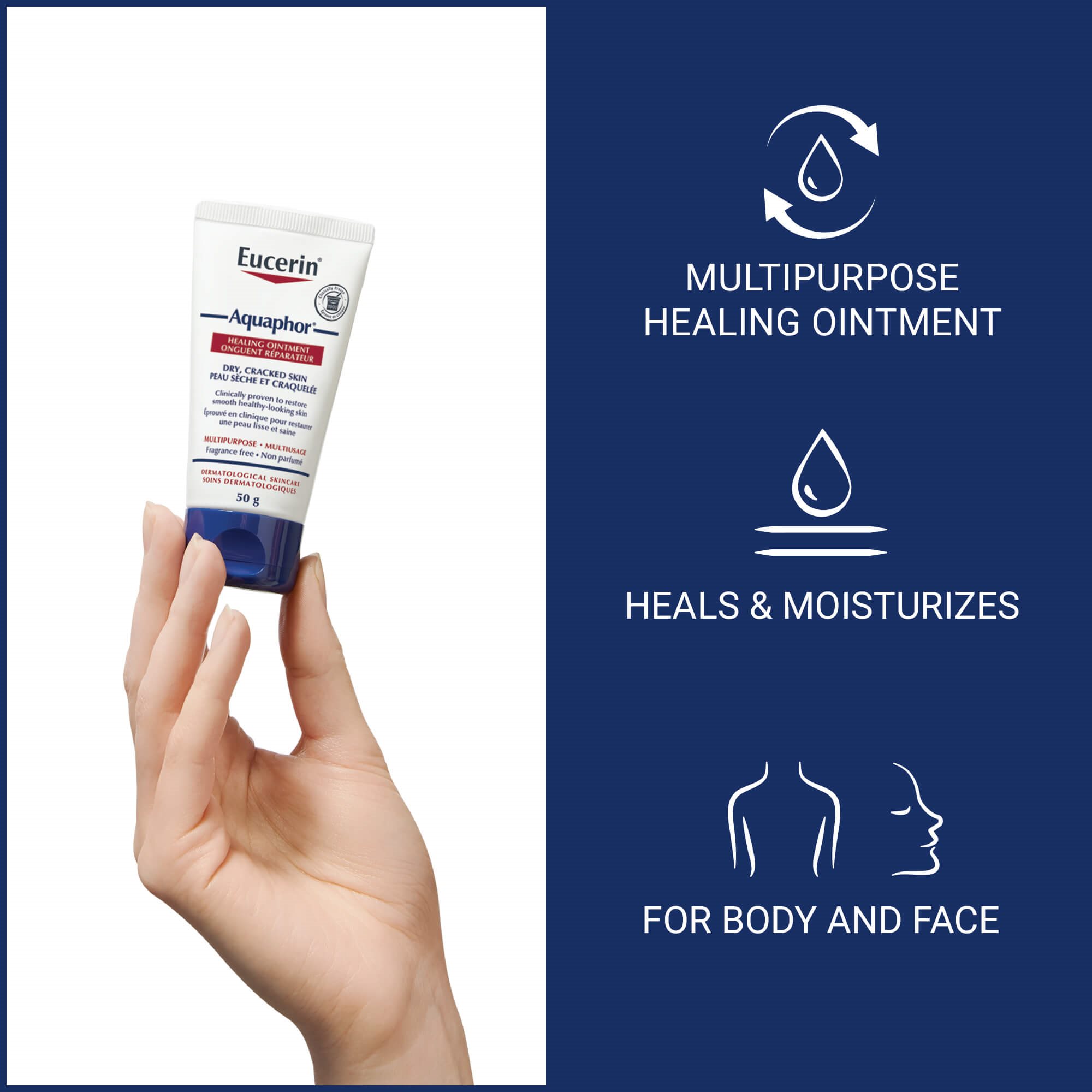Close up of an Eucerin Aquaphor 50g tube being held up by a hand with product benefits and uses listed on the side