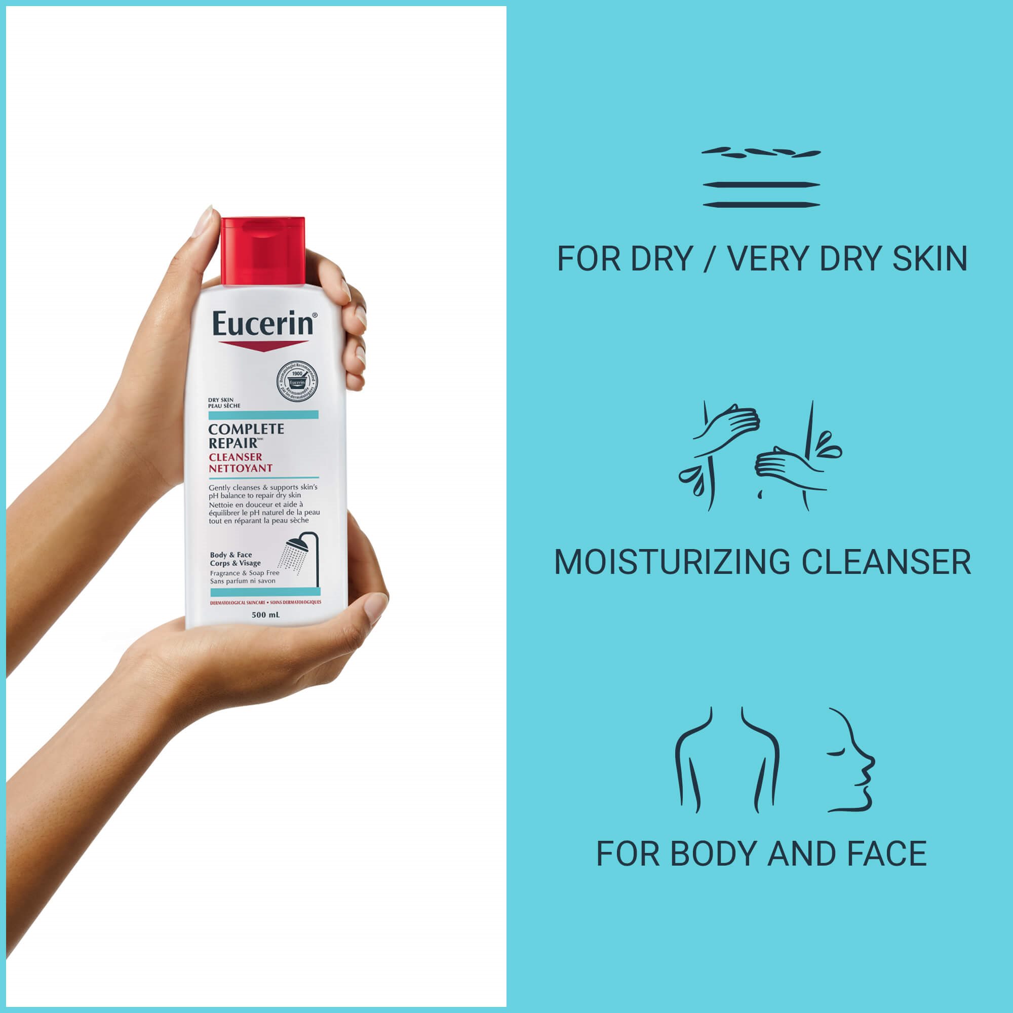 Image of a woman holding a bottle of Eucerin Complete Repair Cleanser.