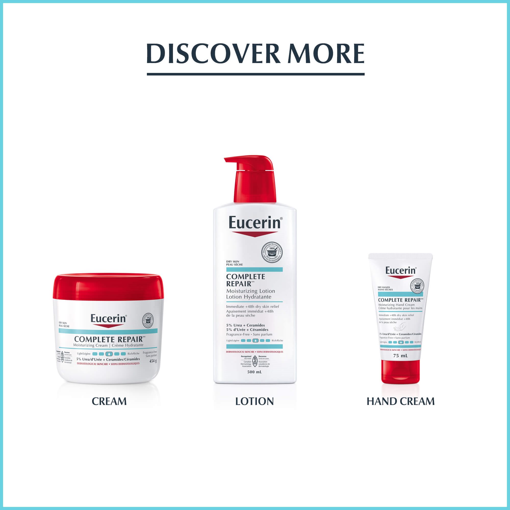 Image of the Eucerin cream, lotion and hand cream from the Complete Repair line.