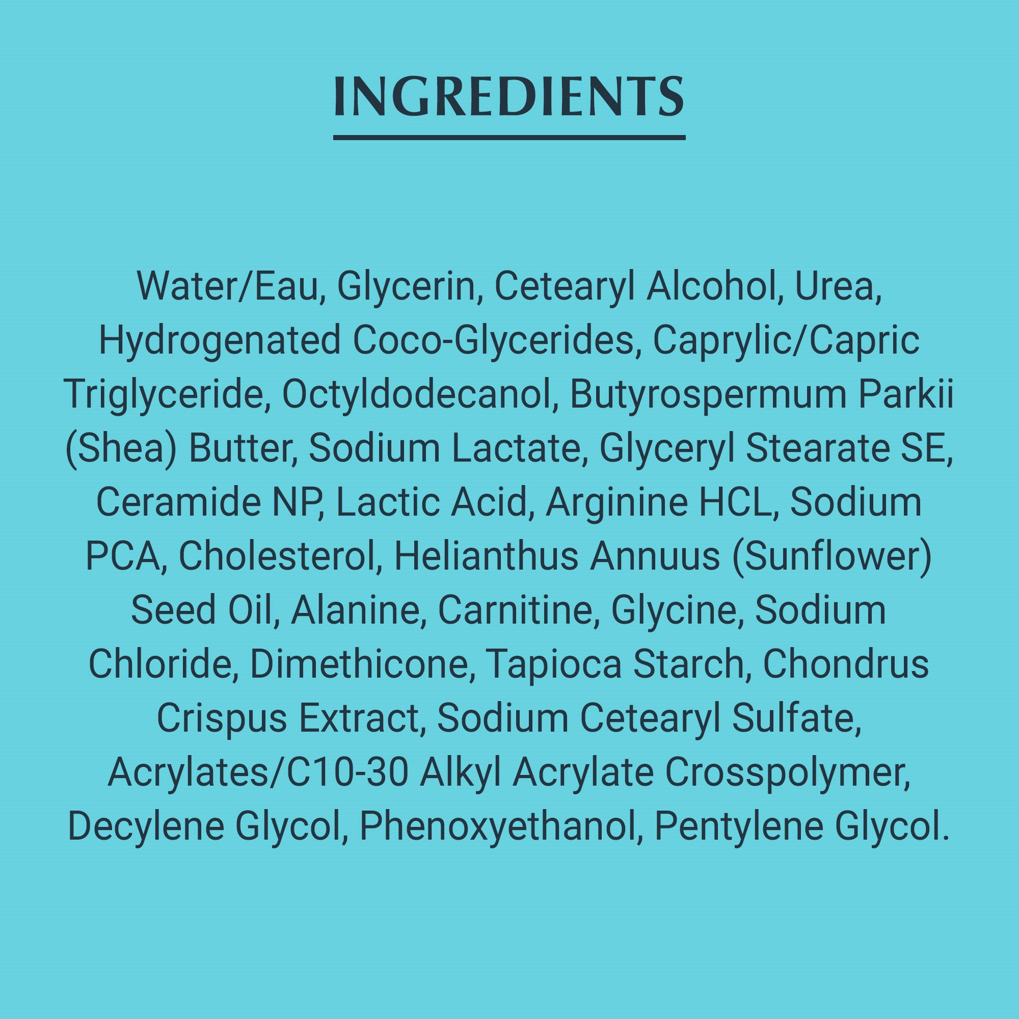 Image of The Eucerin Complete Repair CreamIngredients list on a bright teal background.