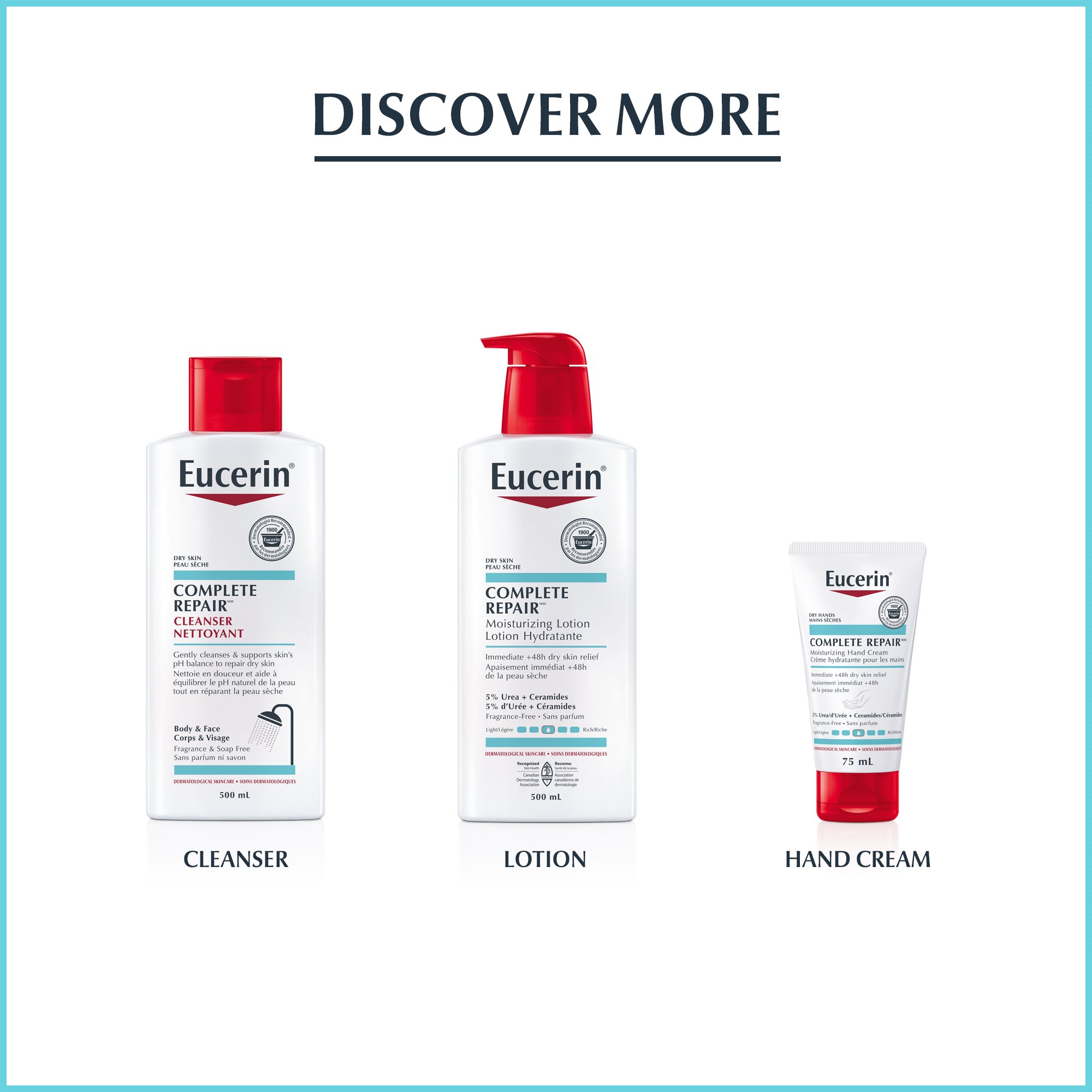 Image of the Eucerin cleanser, lotion and hand cream from the Complete Repair line.
