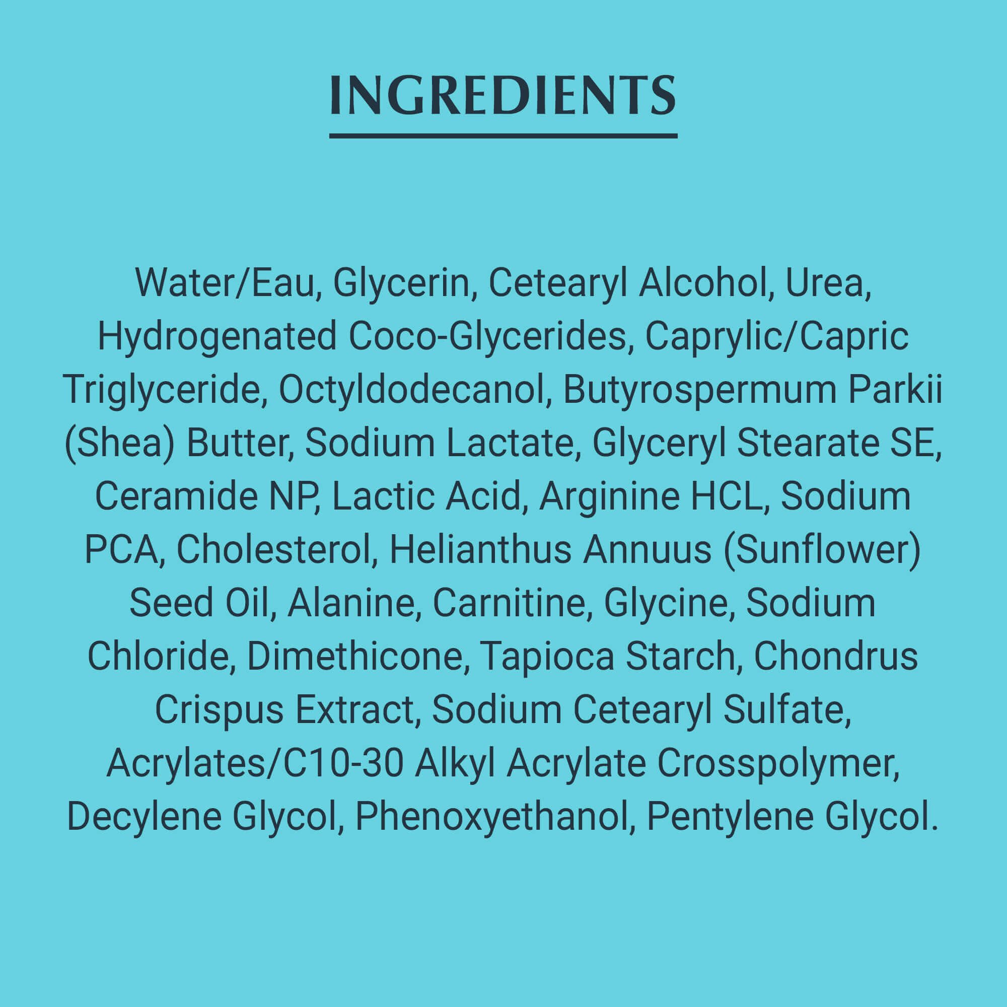 Image of The Eucerin Complete Repair Cream Ingredients list on a bright teal background.