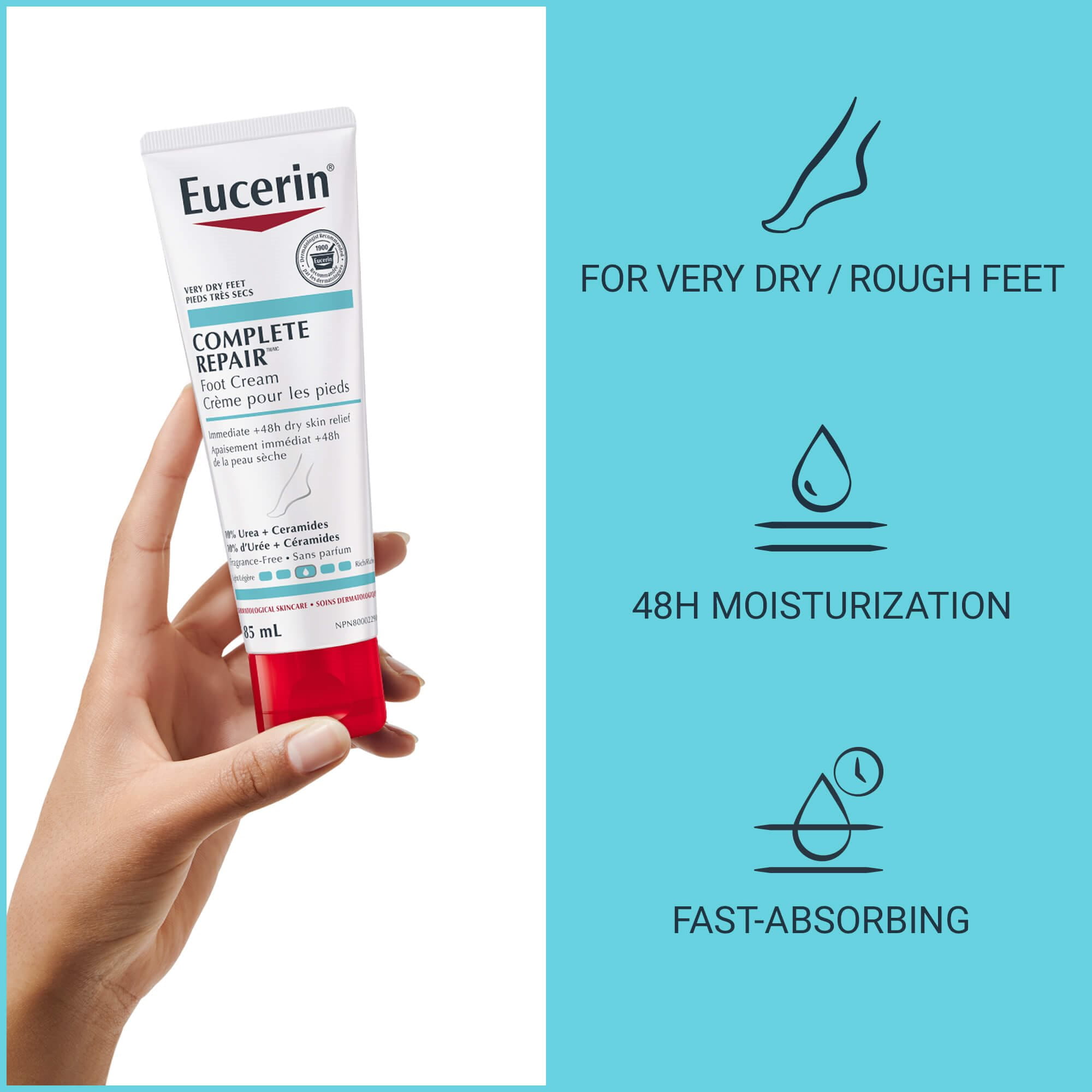 Image of a woman holding a tube of Eucerin Complete Repair Foot Cream.