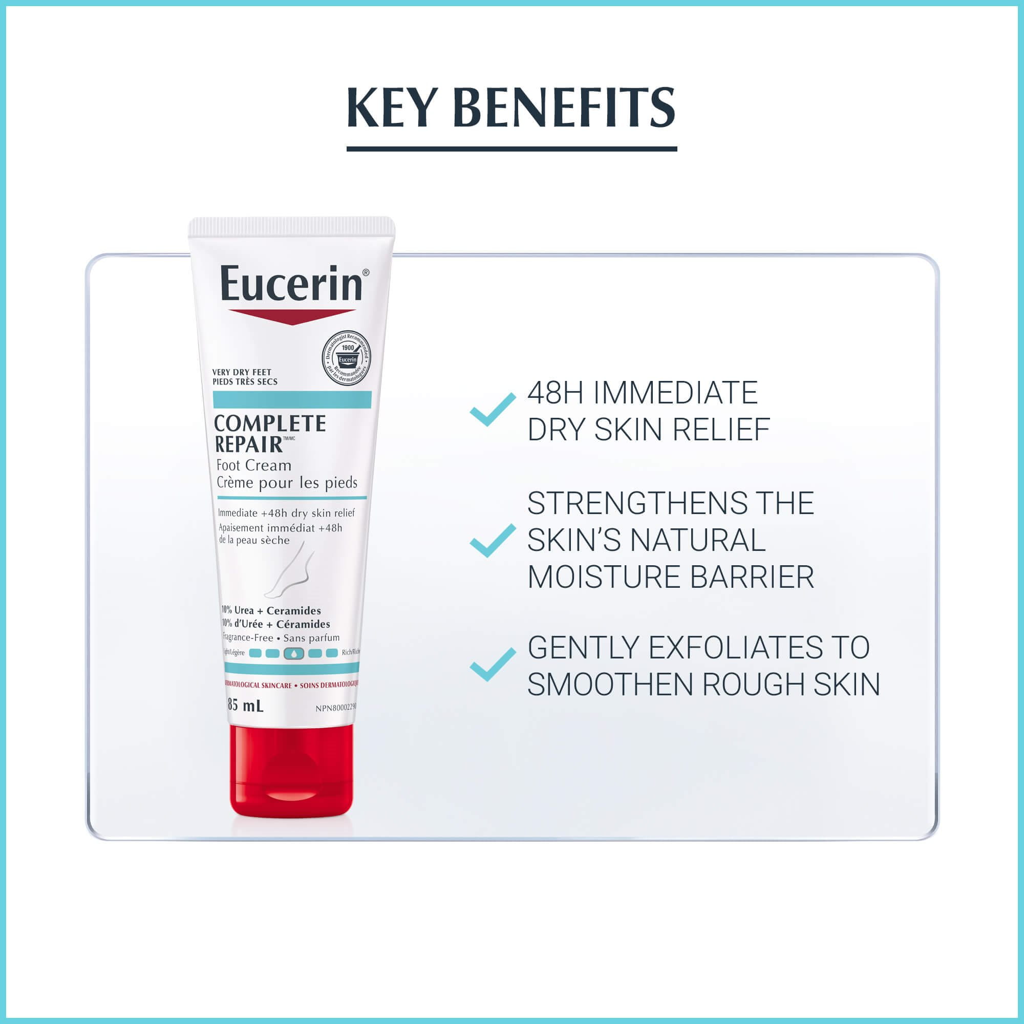 Image listing the key benefits of using Eucerin Complete Repair Foot Cream.