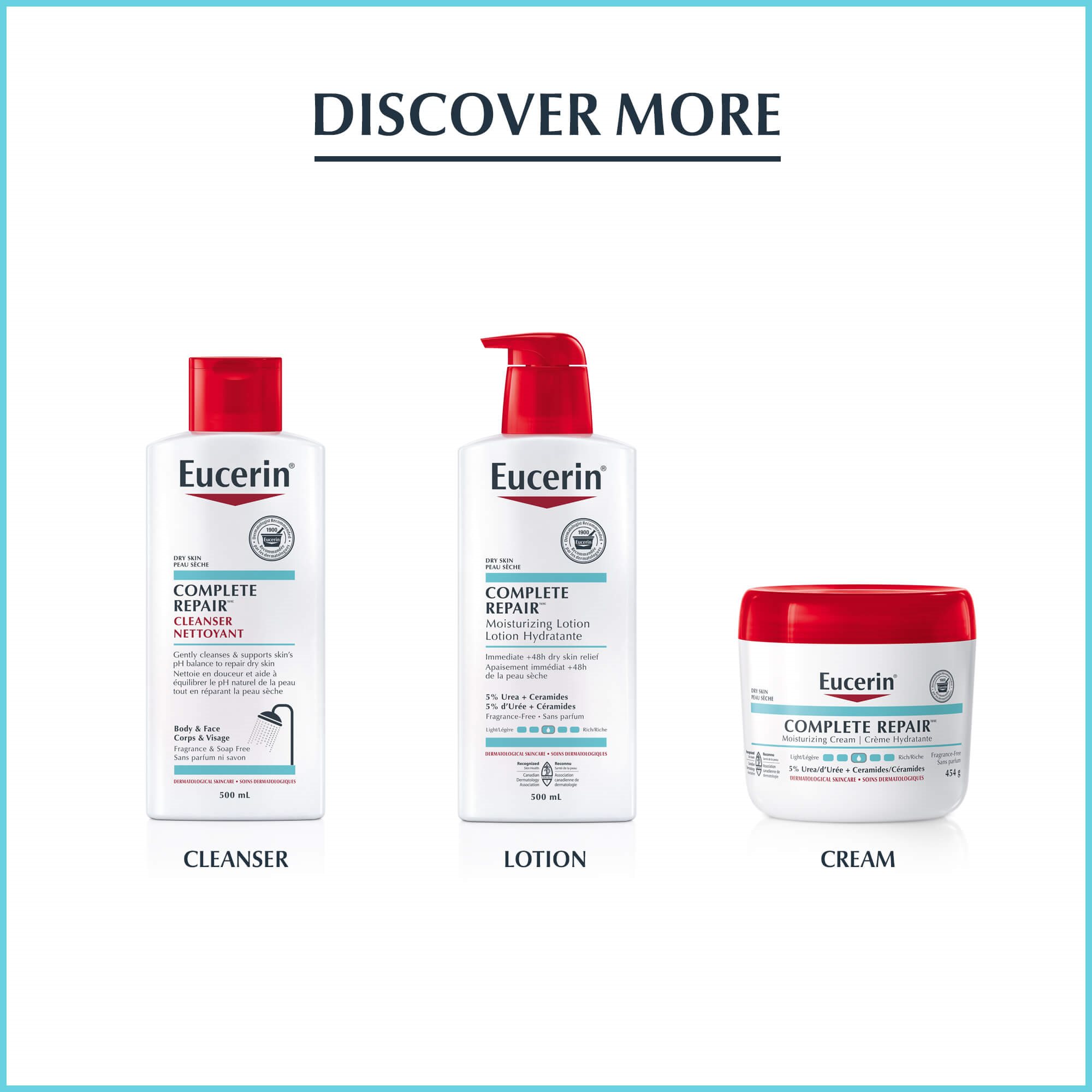 Image of the Eucerin cleanser, lotion and cream from the Complete Repair line.
