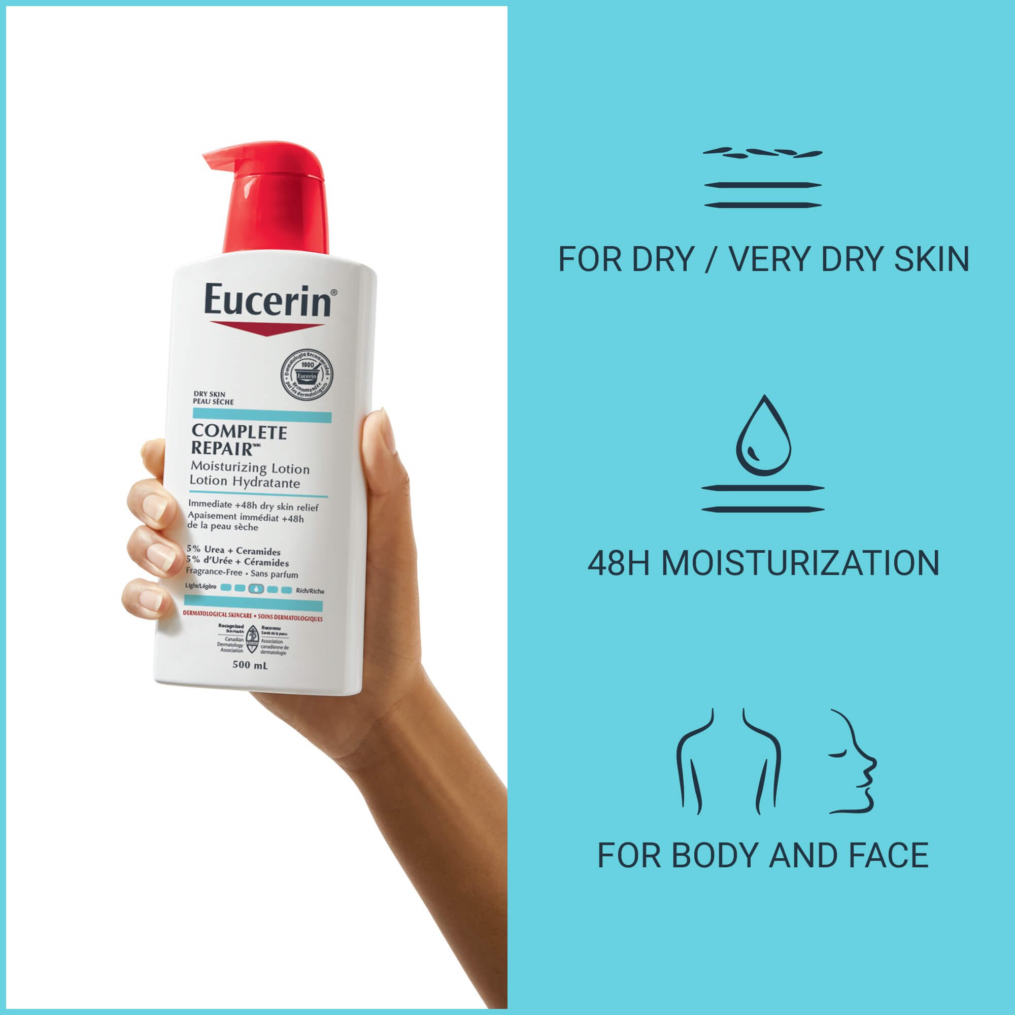 Close up view of 500mL Eucerin Complete Repair moisturizing lotion being held by hand.