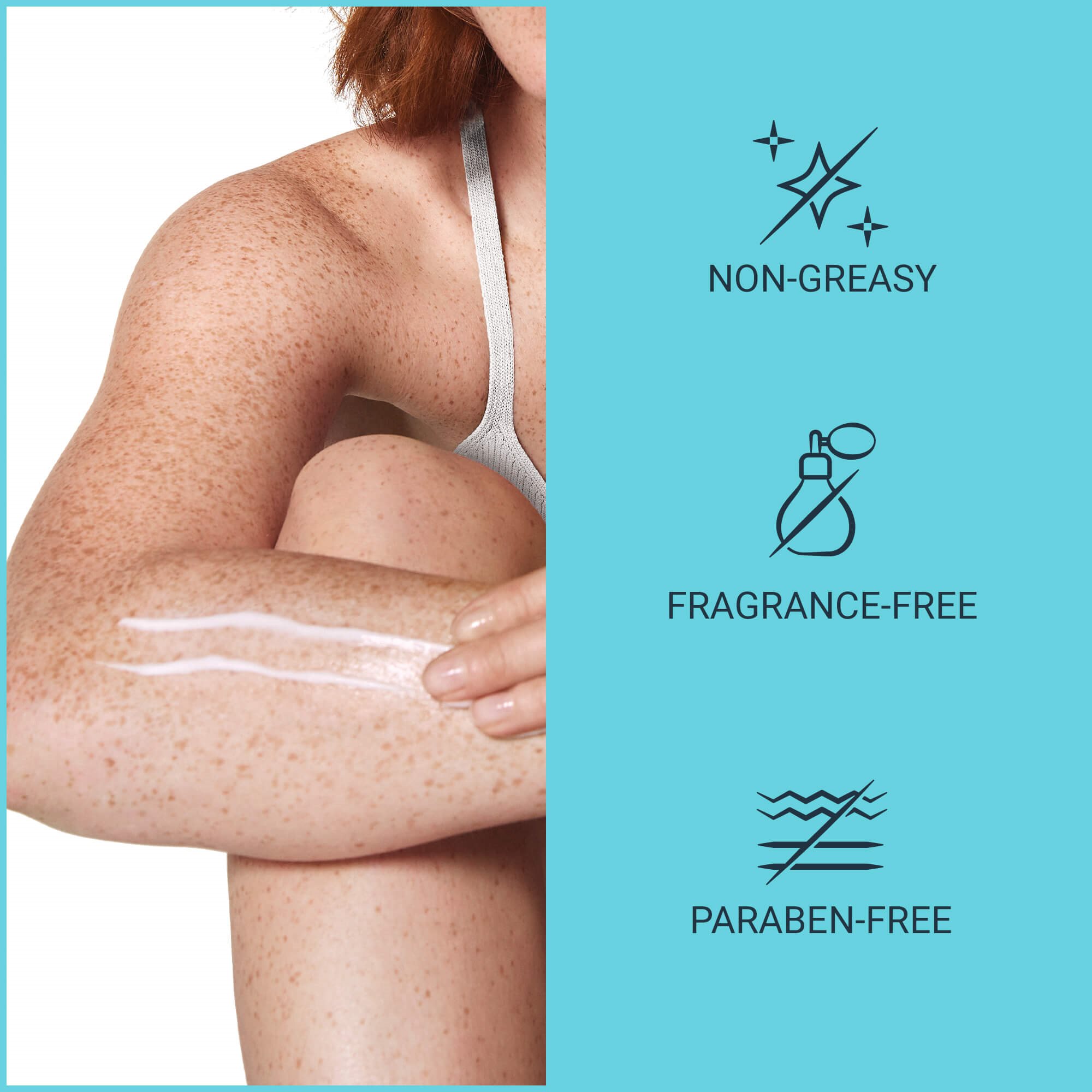 Image of freckled model applying Eucerin Complete Repair lotion on right arm.