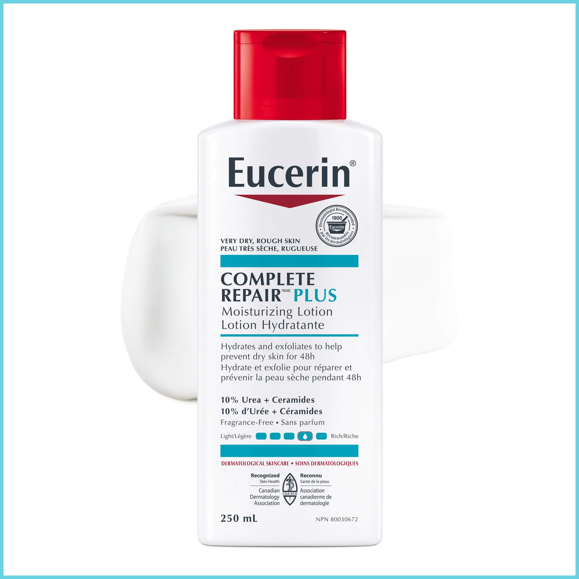 Image of The Eucerin Complete Repair Lotion Plus against a white background with product spread behind it.