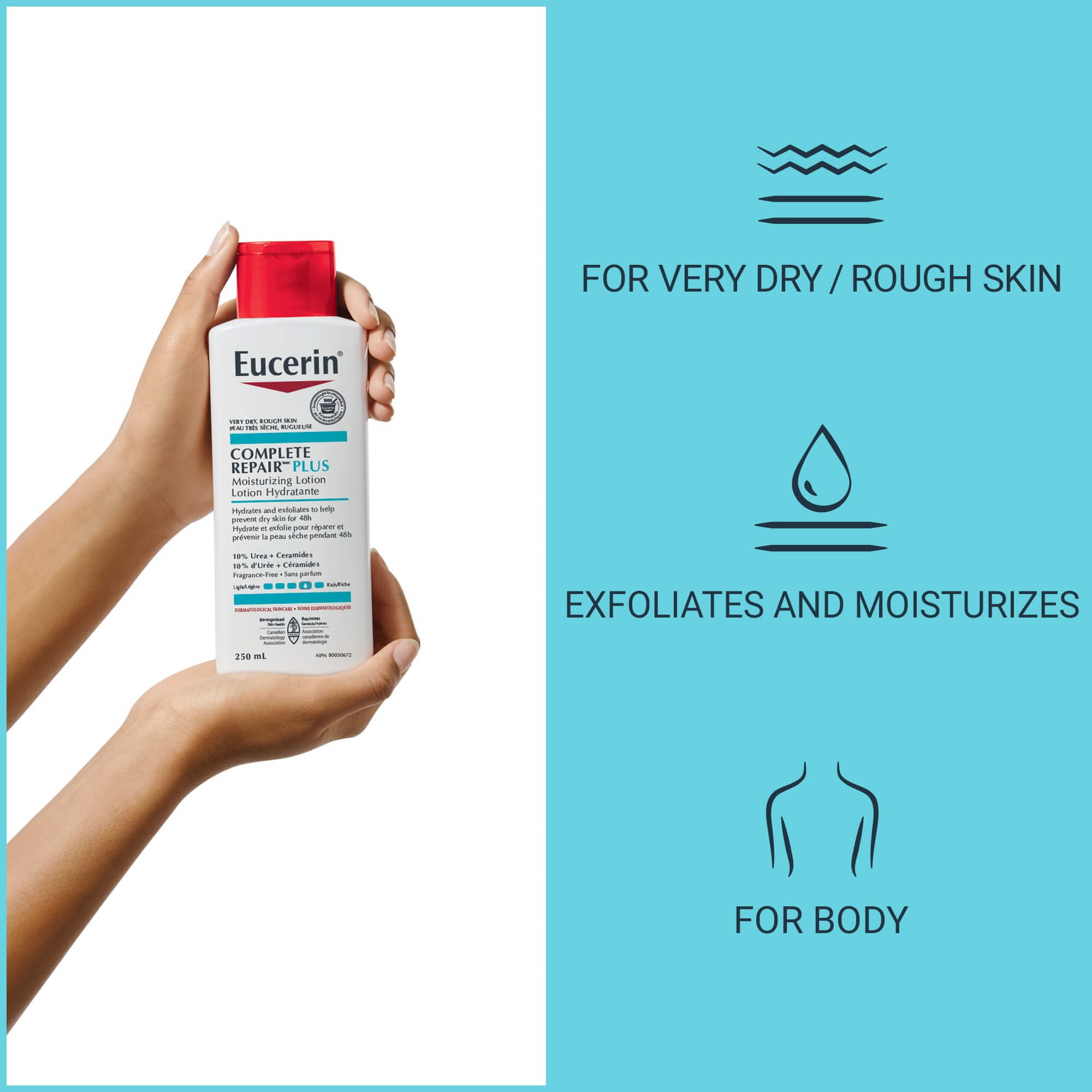 Image of a woman holding a bottle of Eucerin Complete Repair Plus Lotion.