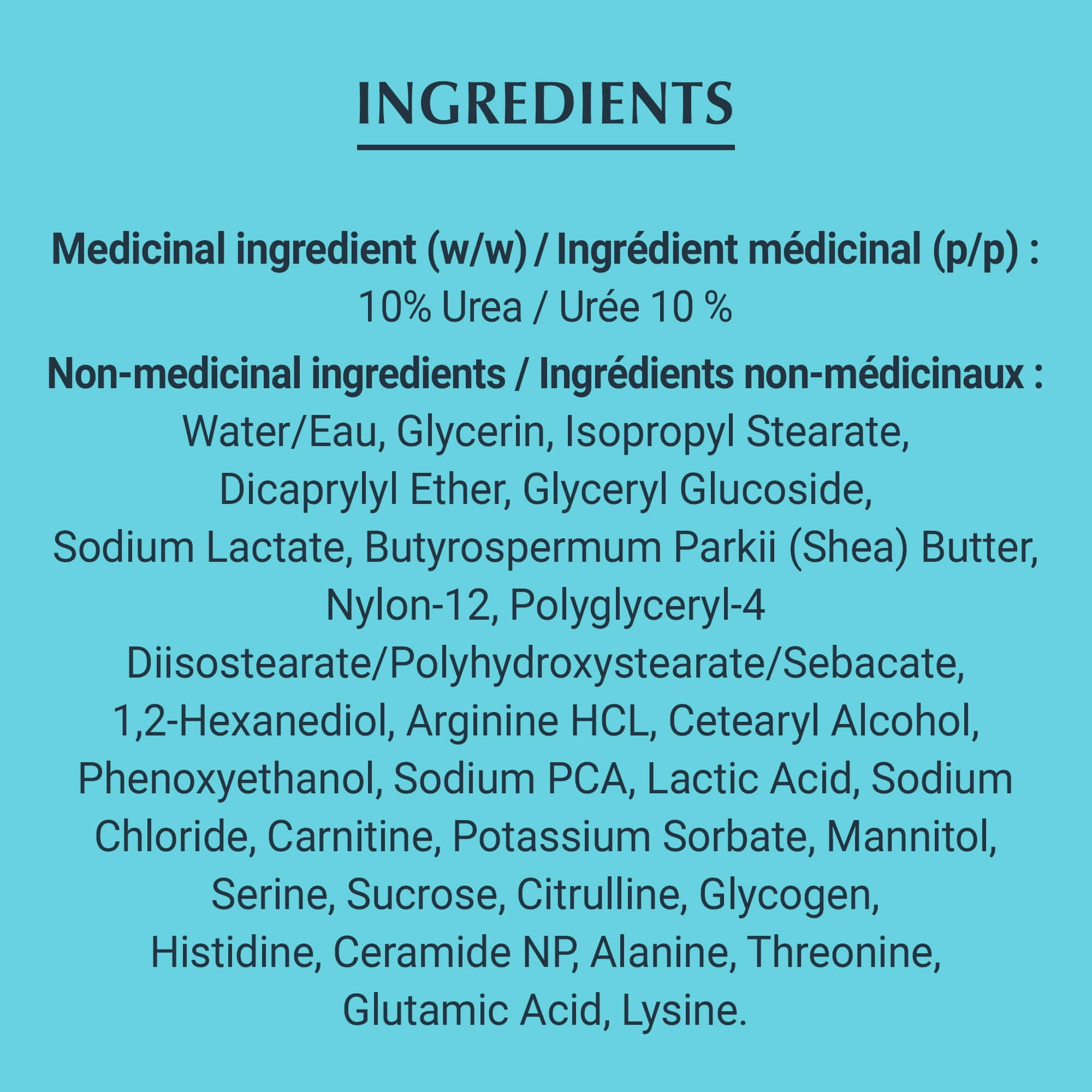 Image of The Eucerin Complete Repair Cream Ingredients list on a bright teal background.