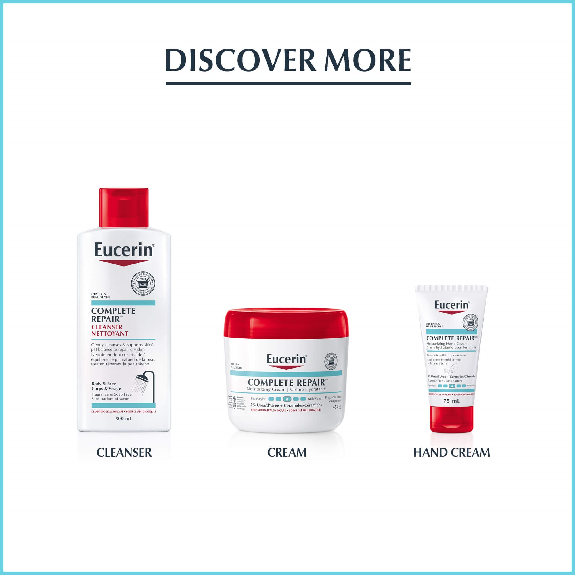 Image of the Eucerin cleanser, cream and hand cream from the Complete Repair line.