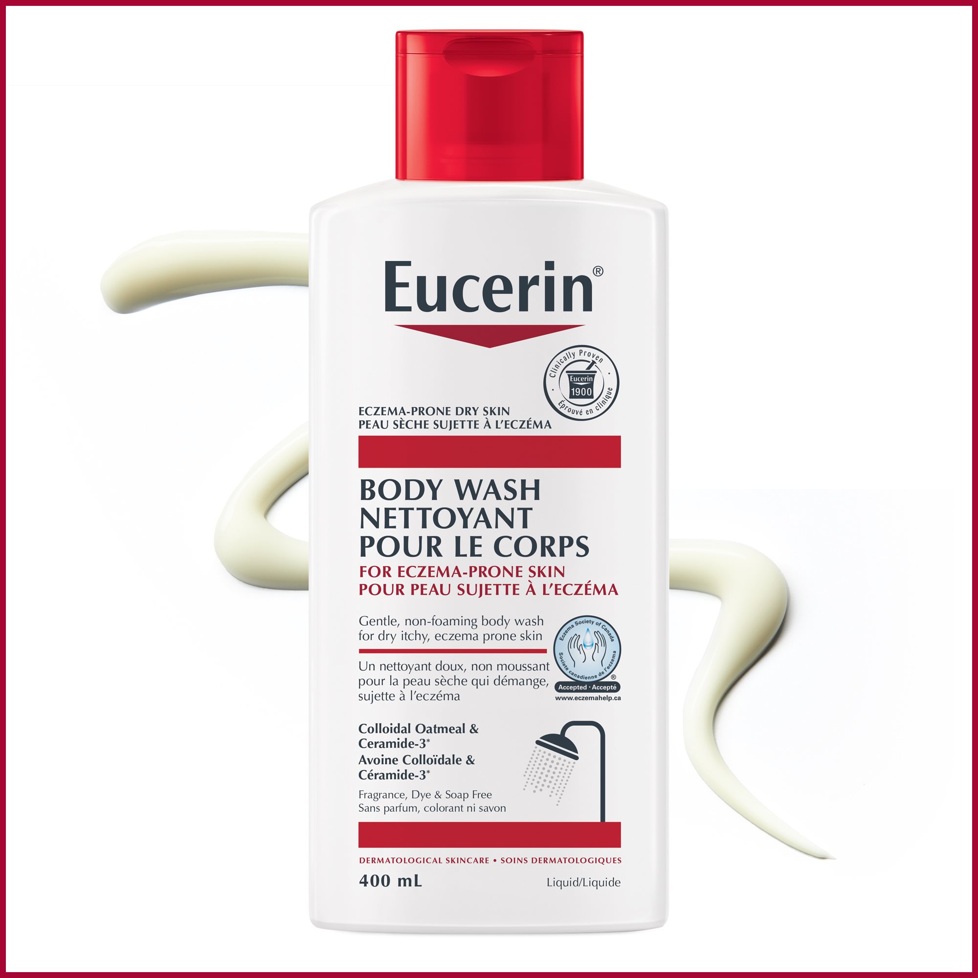 View of Eucerin eczema relief body wash 400 mL with product drizzled behind on white background.